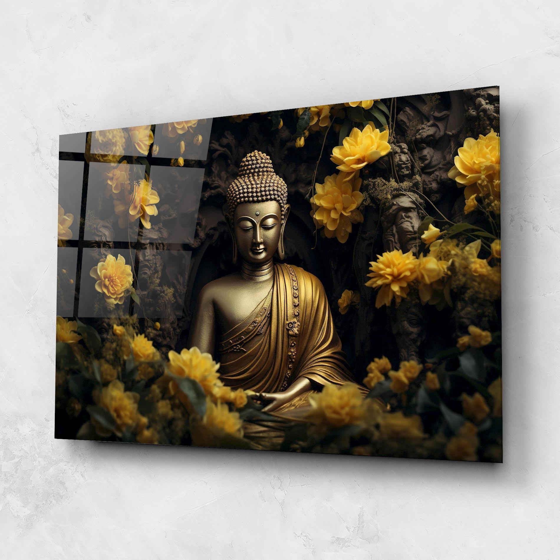 Tablou Sticla Gold Buddha Flowers mockup 1