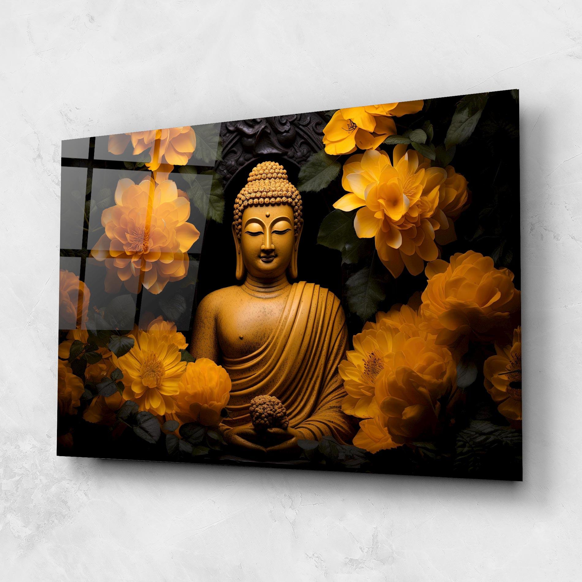 Tablou Sticla Vecteezy_buddha Statue Surrounded By Yellow Flowers Ai Generated_27745002_860 mockup 1