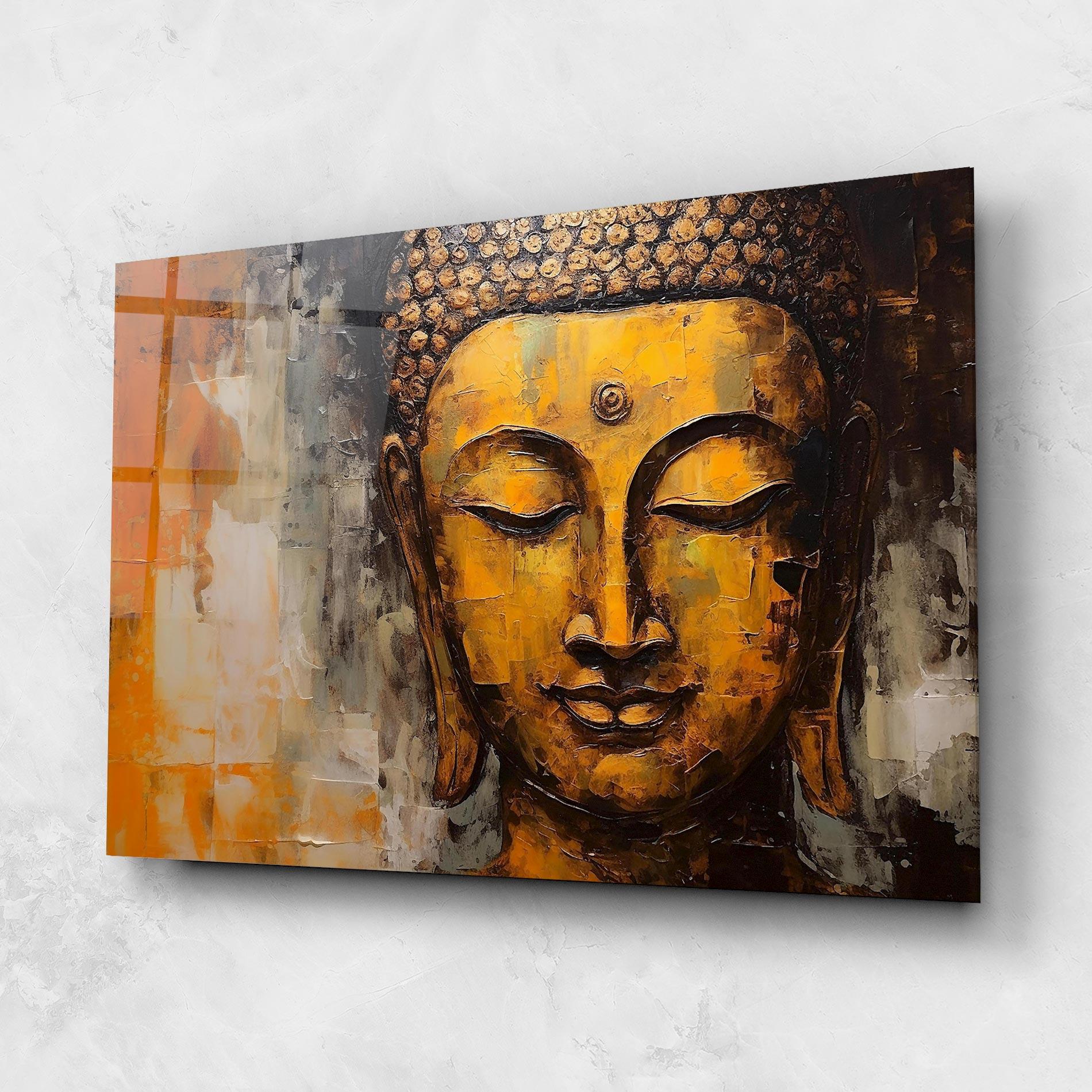 Tablou Sticla Yellow Buddha Face mockup 1