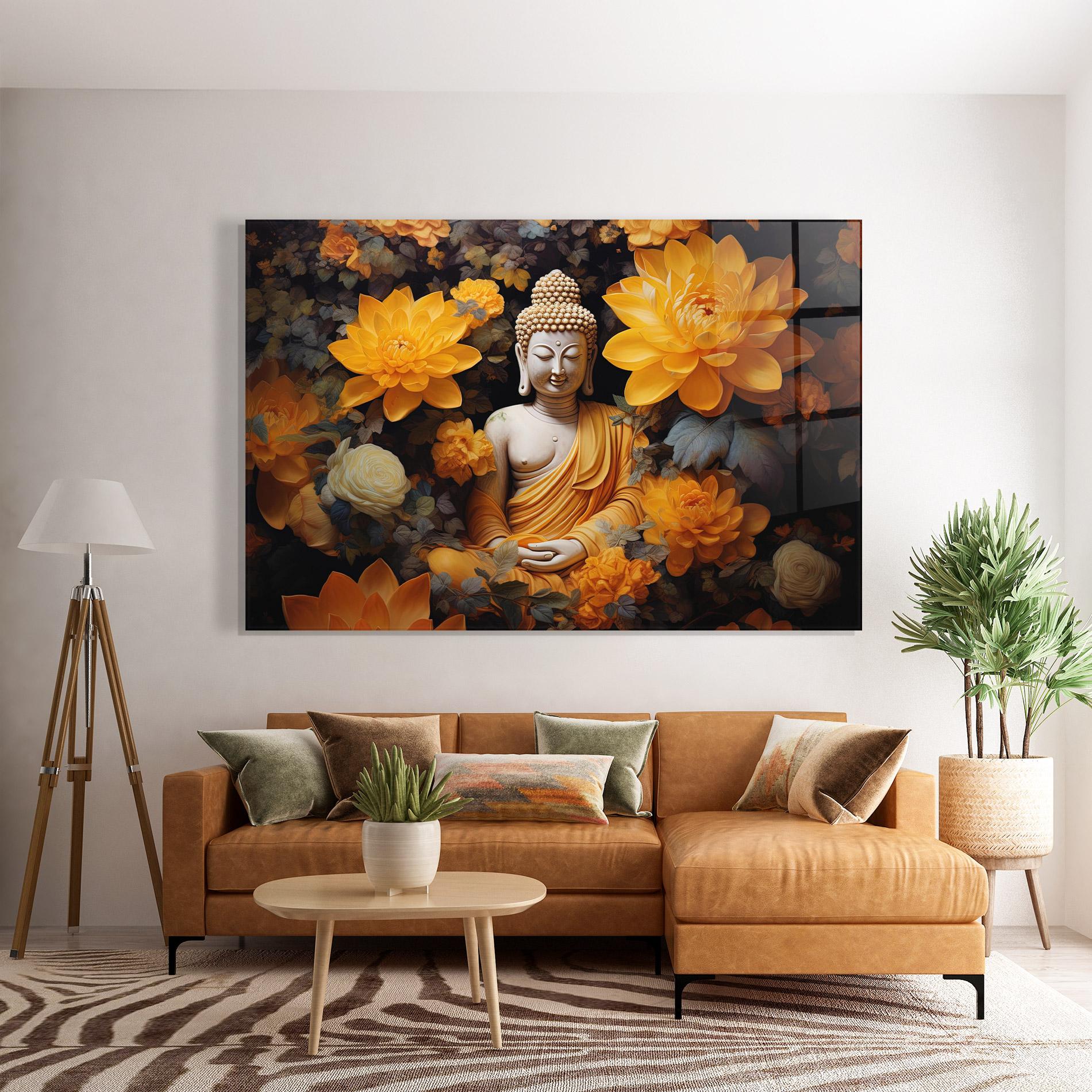 Tablou Sticla Buddha Big Flowers mockup 7