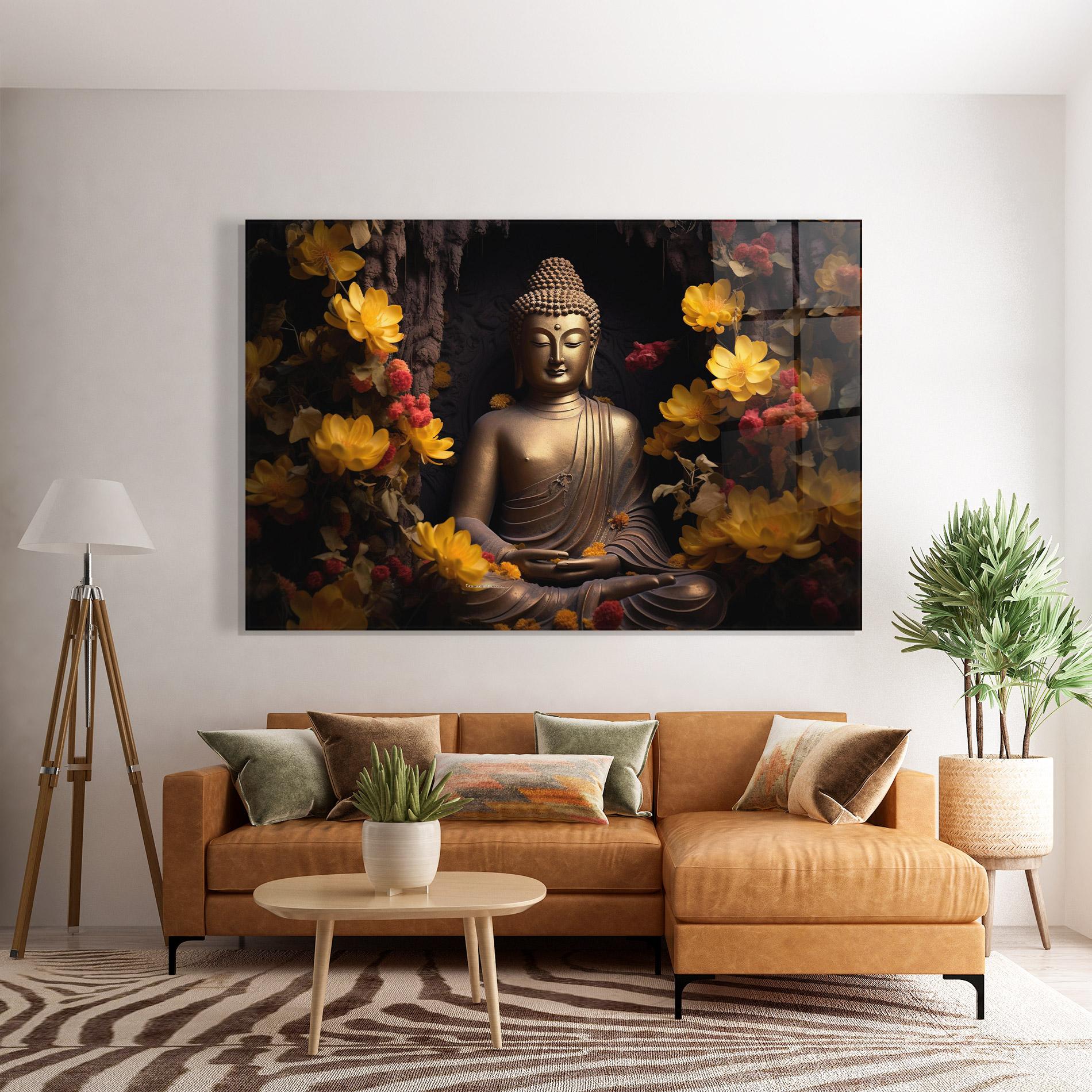Tablou Sticla Buddha Yellow Red mockup 7