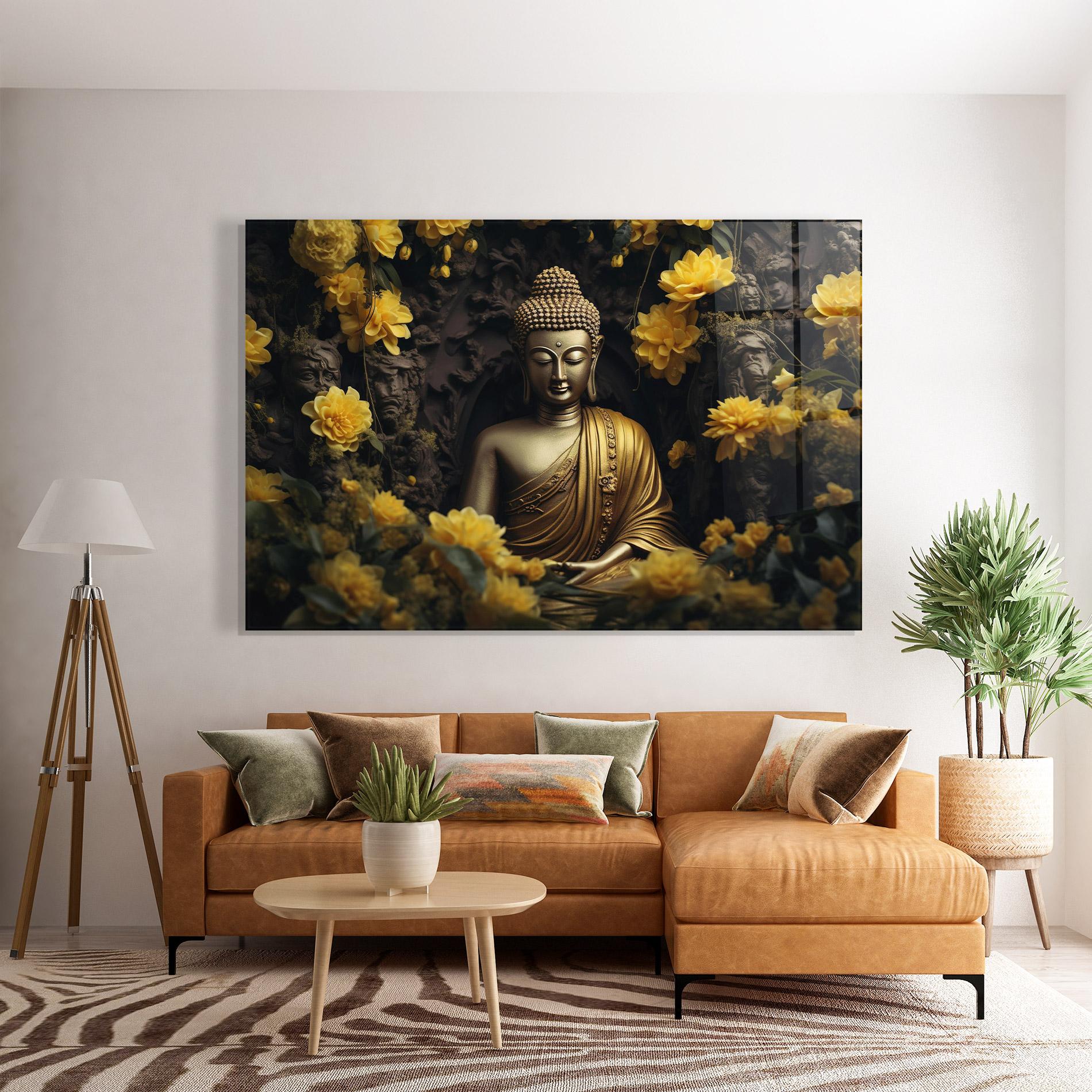 Tablou Sticla Gold Buddha Flowers mockup 7