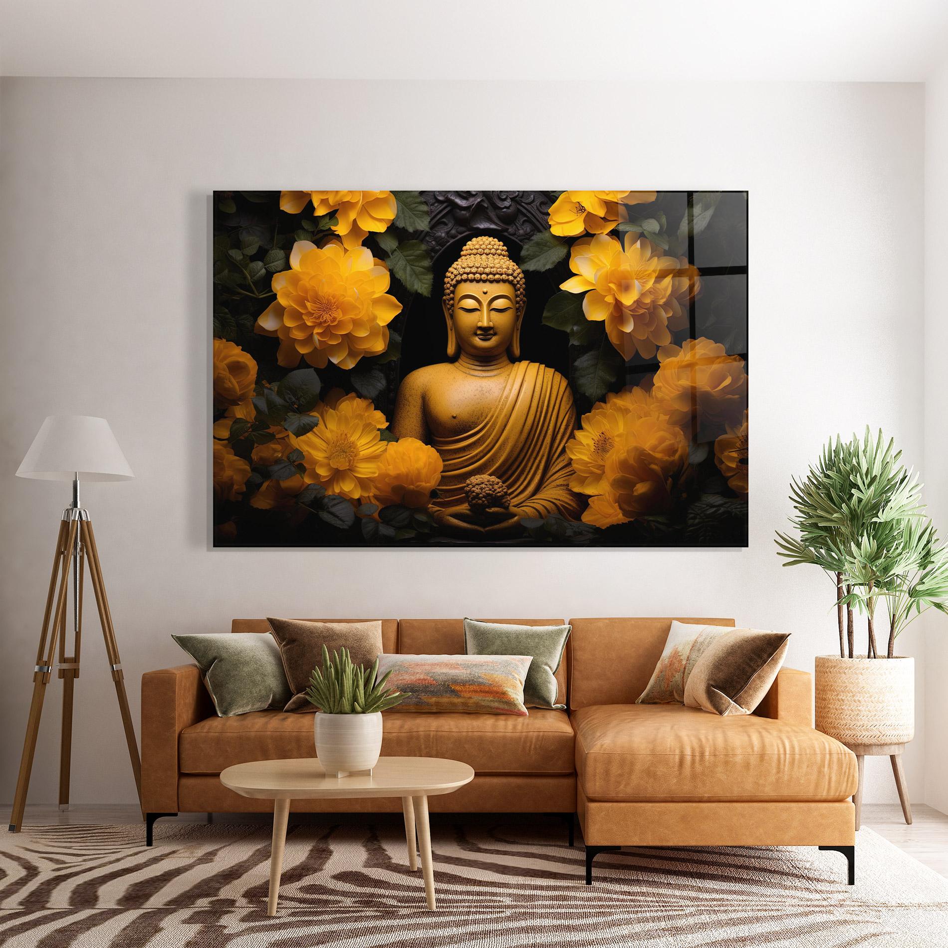 Tablou Sticla Vecteezy_buddha Statue Surrounded By Yellow Flowers Ai Generated_27745002_860 mockup 7