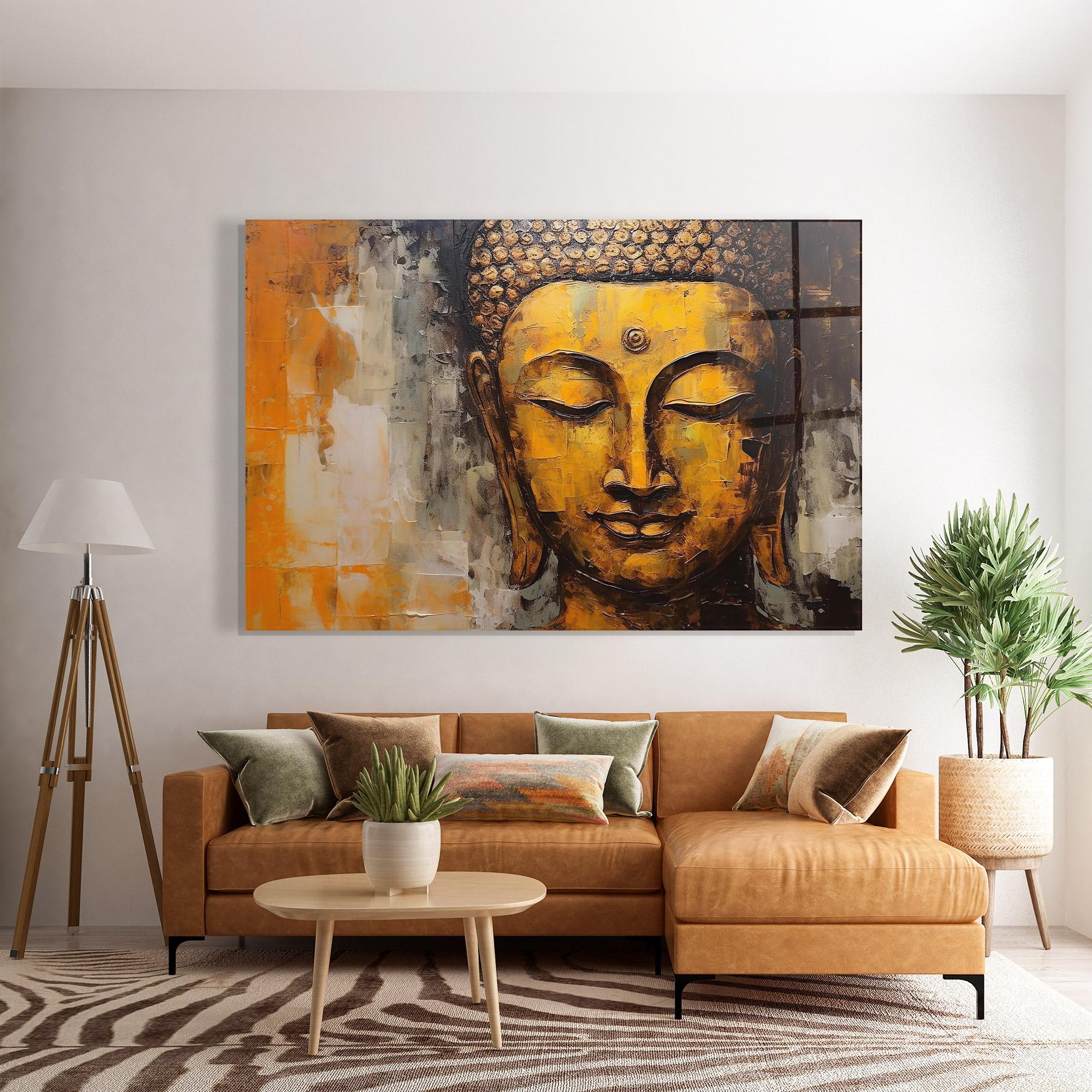 Tablou Sticla Yellow Buddha Face mockup 7