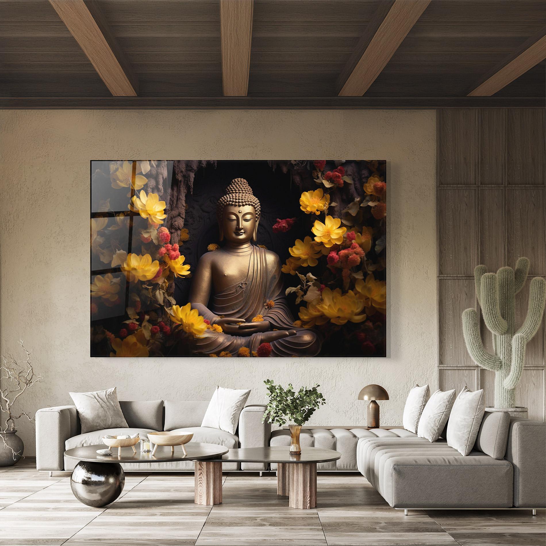 Tablou Sticla Buddha Yellow Red mockup 8