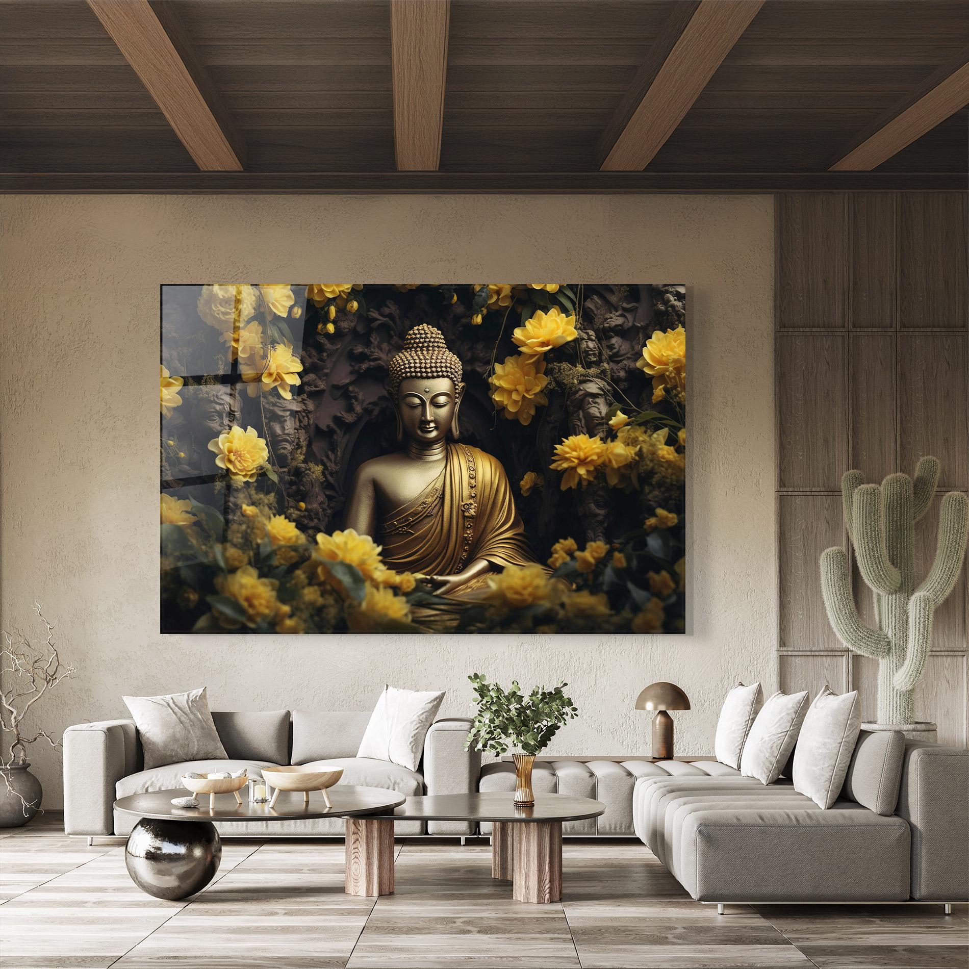 Tablou Sticla Gold Buddha Flowers mockup 8