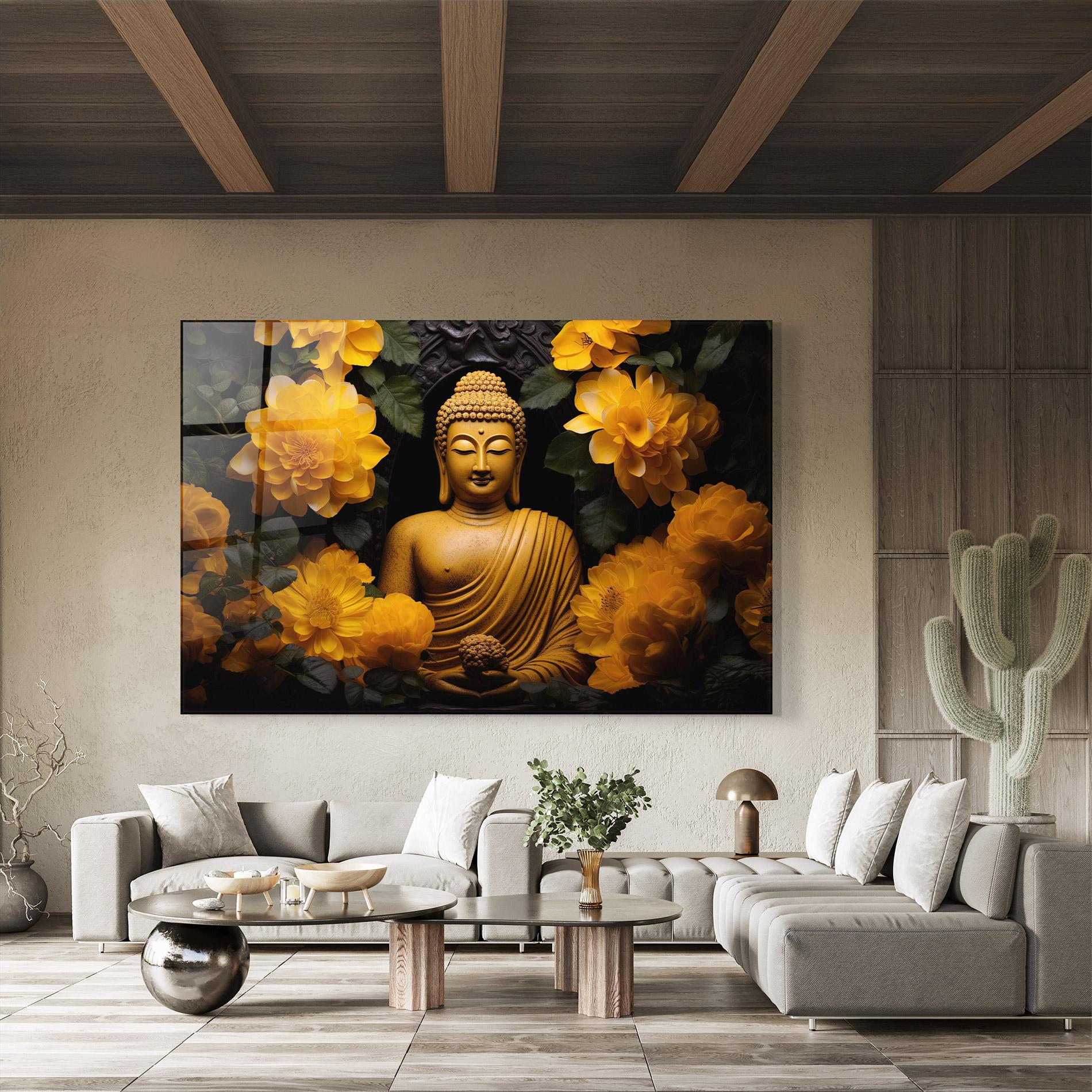 Tablou Sticla Vecteezy_buddha Statue Surrounded By Yellow Flowers Ai Generated_27745002_860 mockup 8