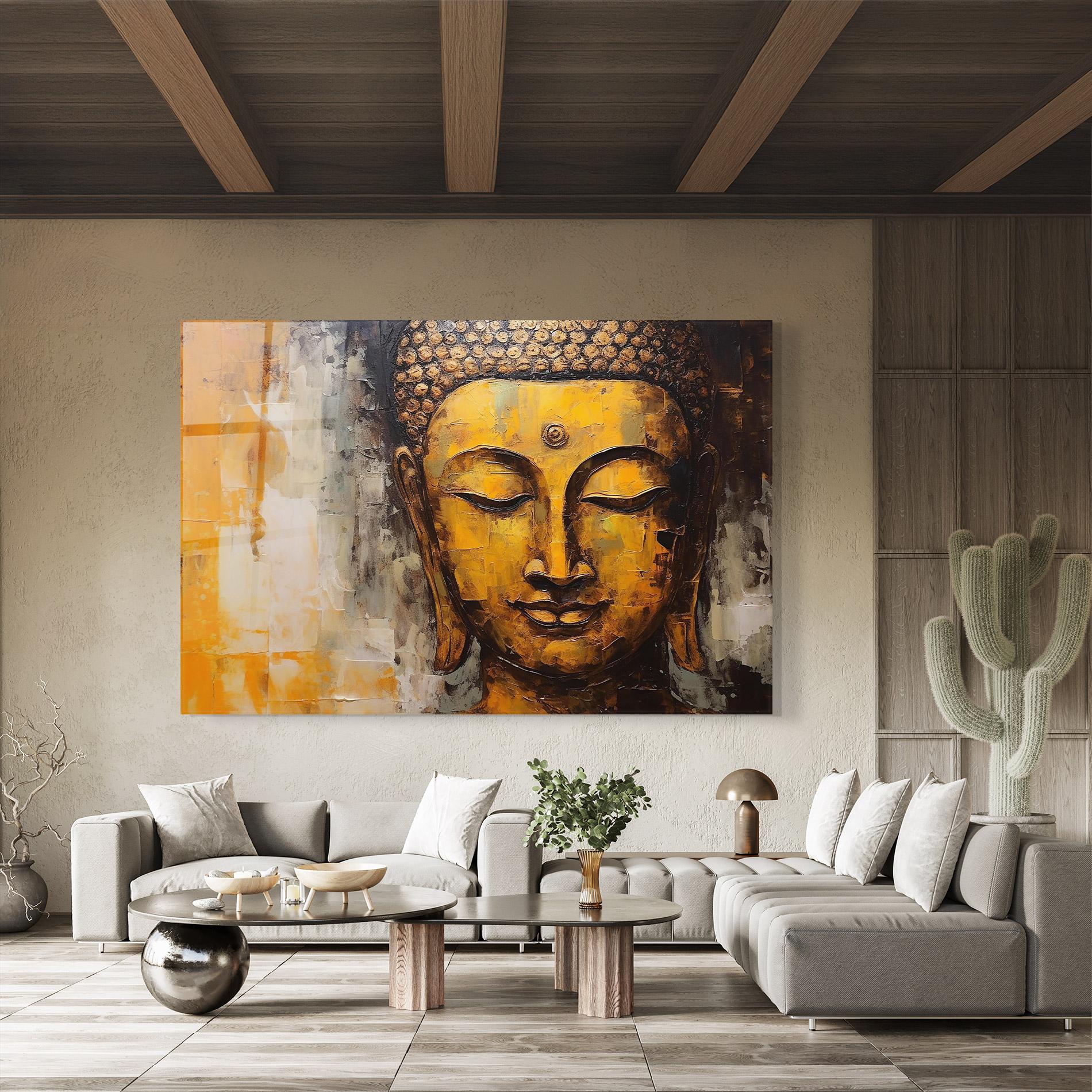Tablou Sticla Yellow Buddha Face mockup 8