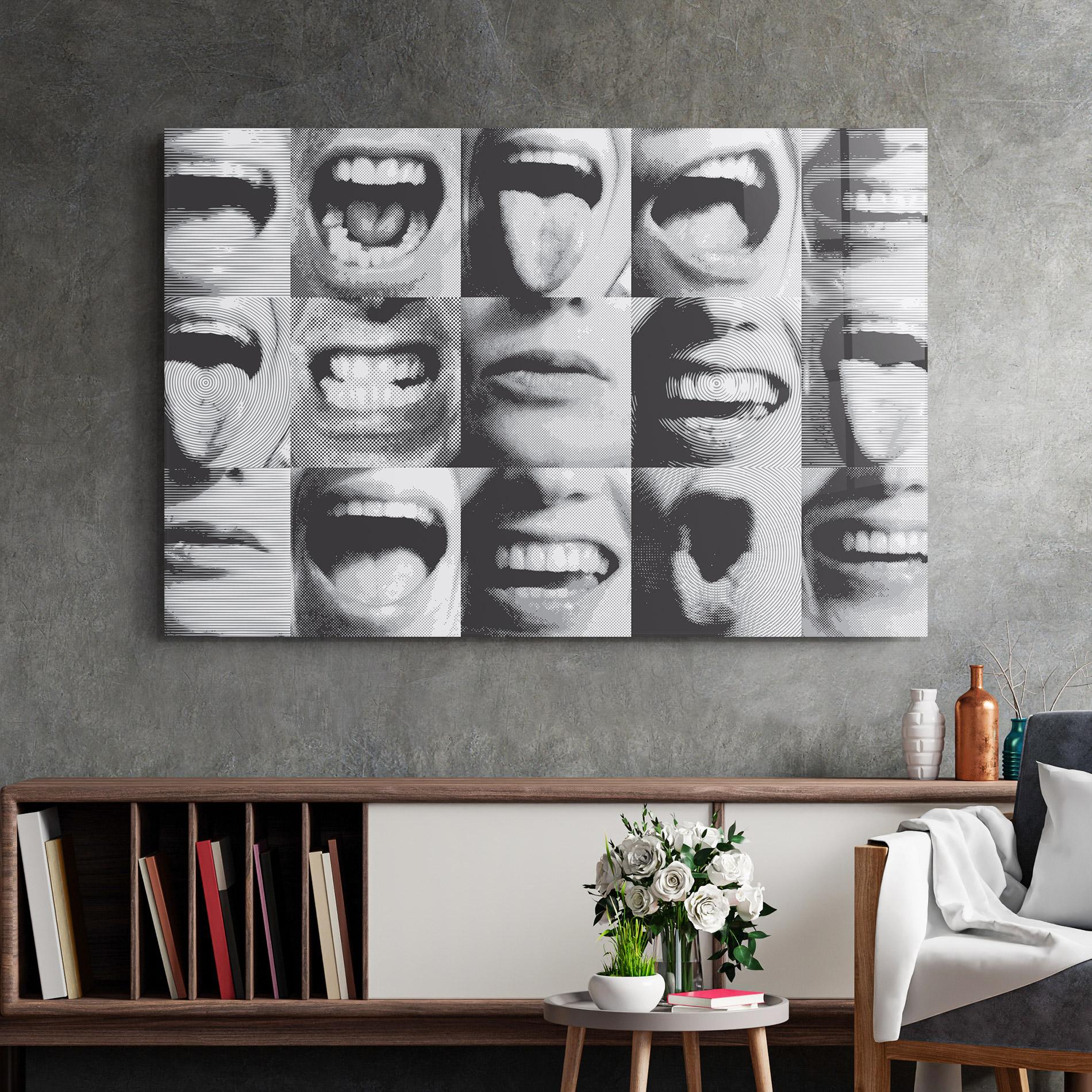 Tablou Sticla Grey Mouth Collage mockup 2