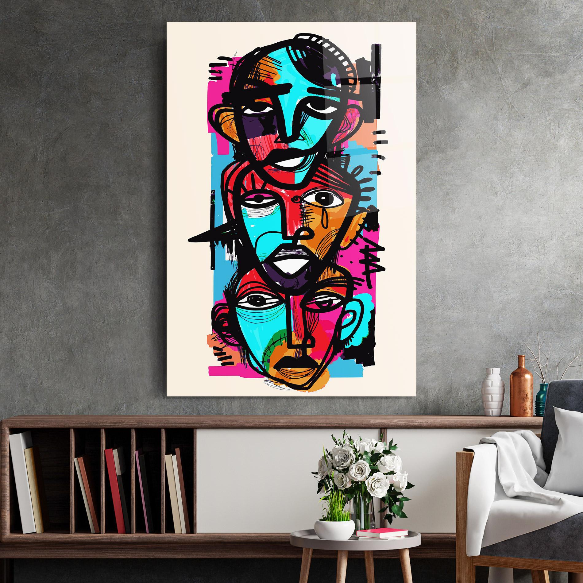 Tablou Sticla Blue Orange Faces mockup 2