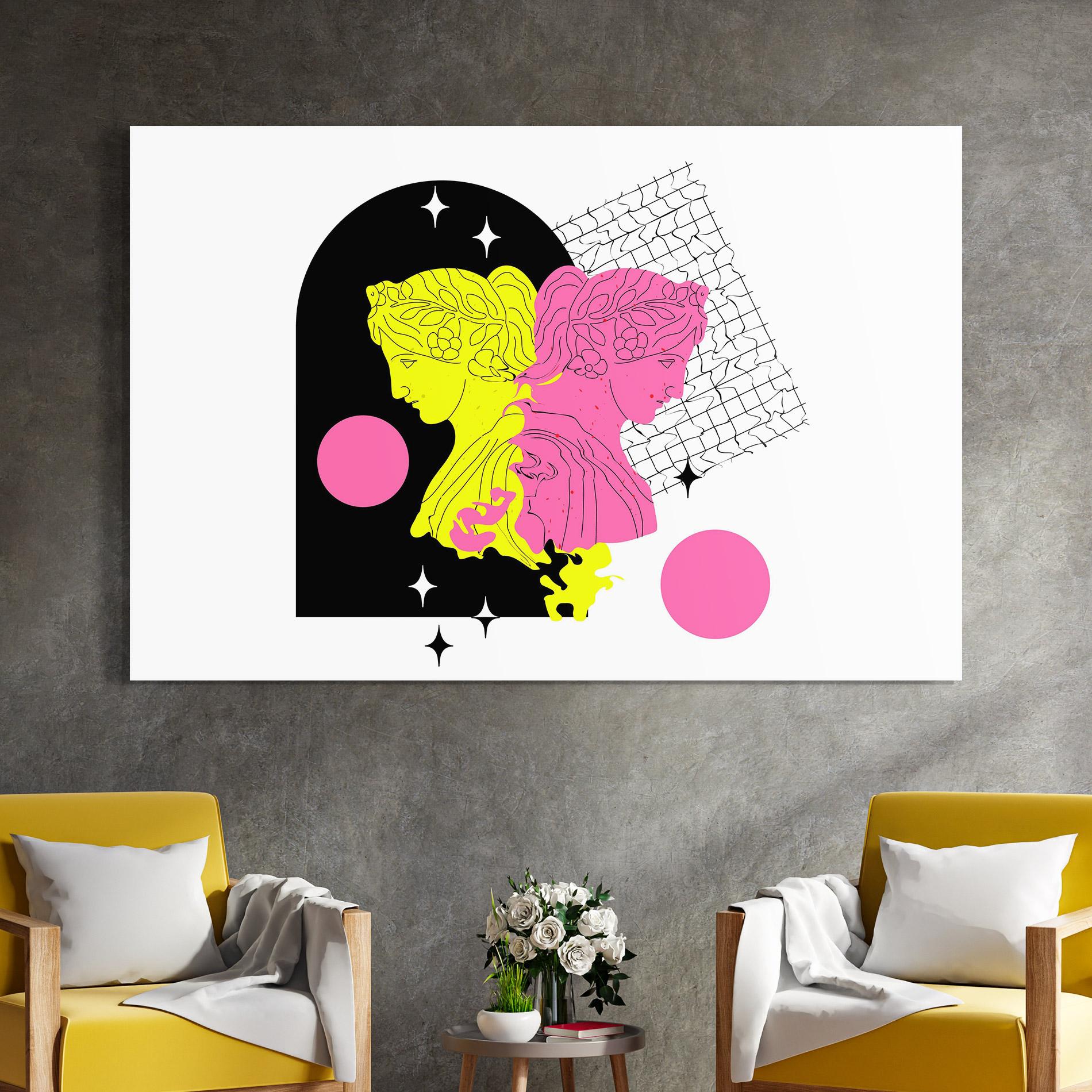 Tablou Sticla Yellow Pink Statue mockup 4