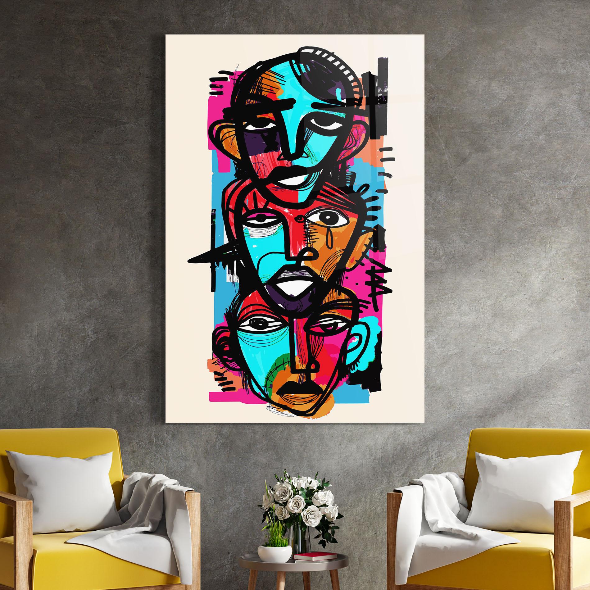 Tablou Sticla Blue Orange Faces mockup 4