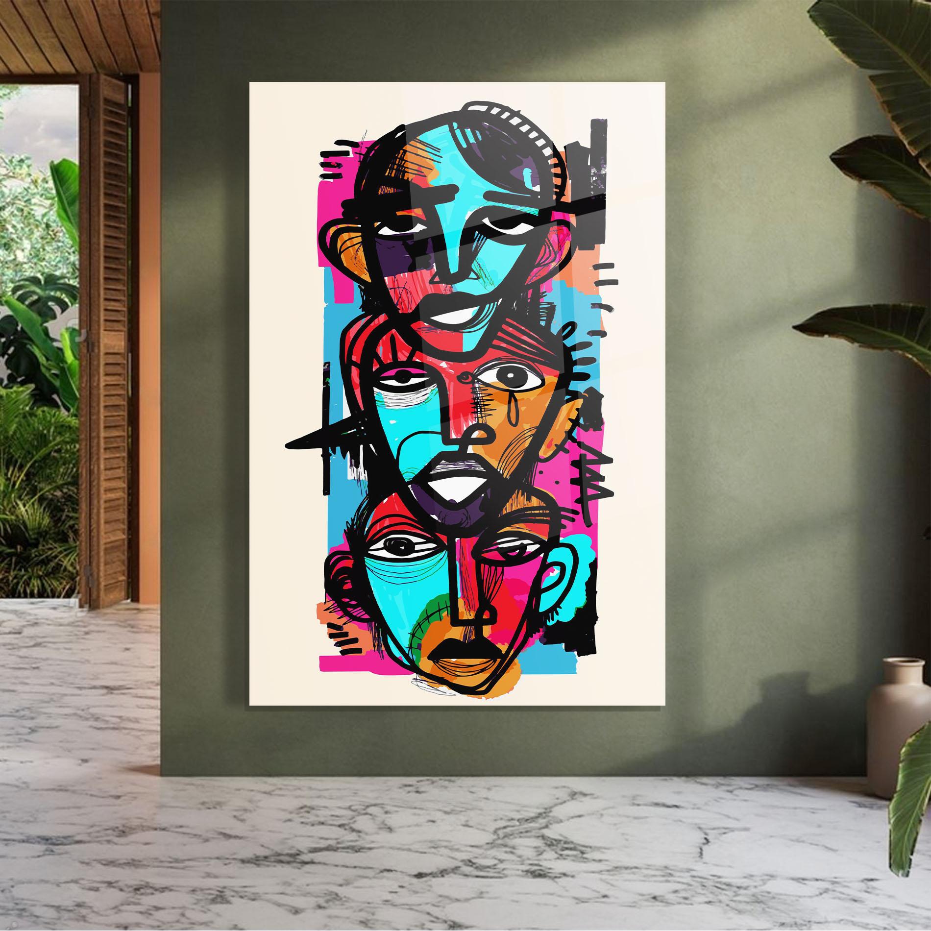 Tablou Sticla Blue Orange Faces mockup 7