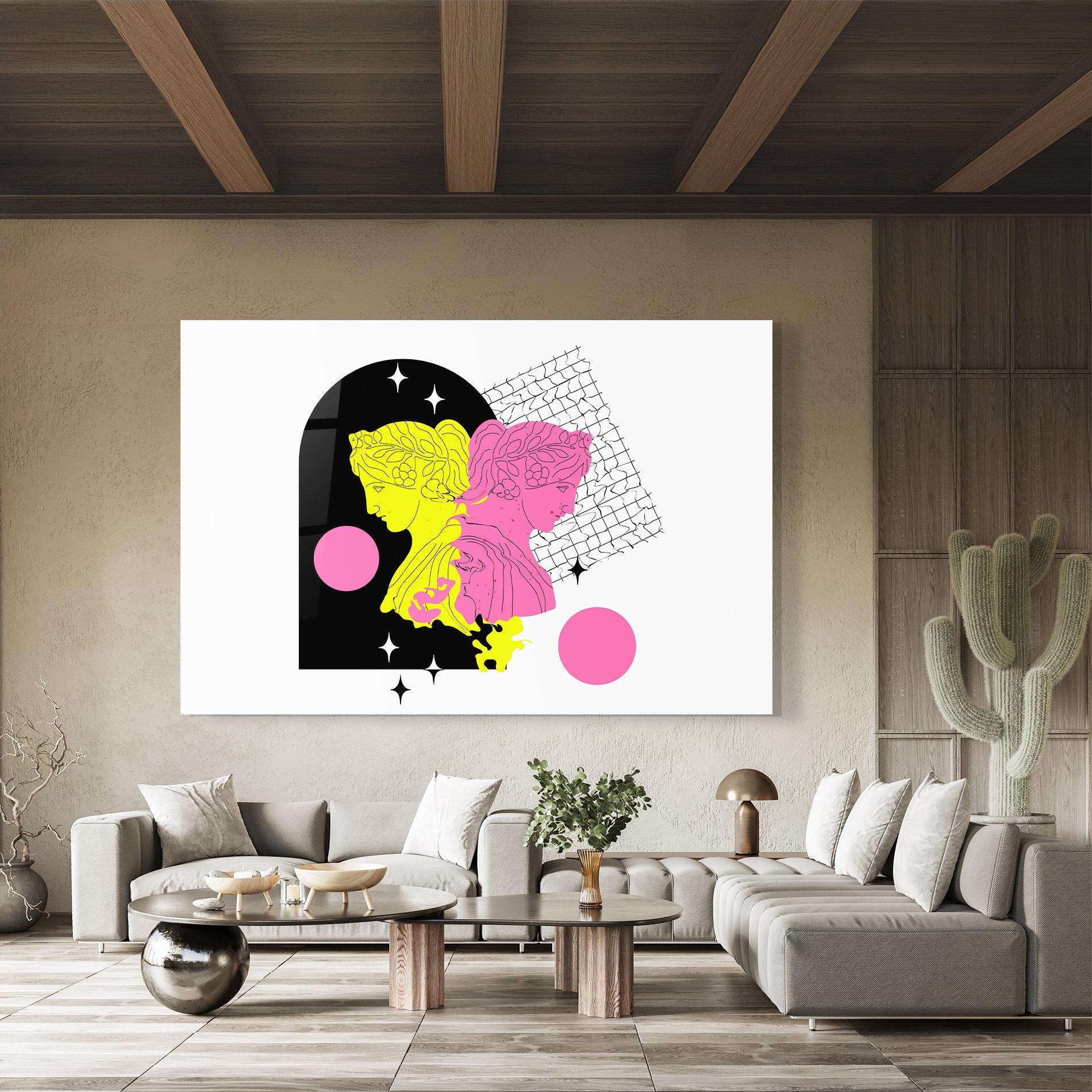 Tablou Sticla Yellow Pink Statue mockup 8