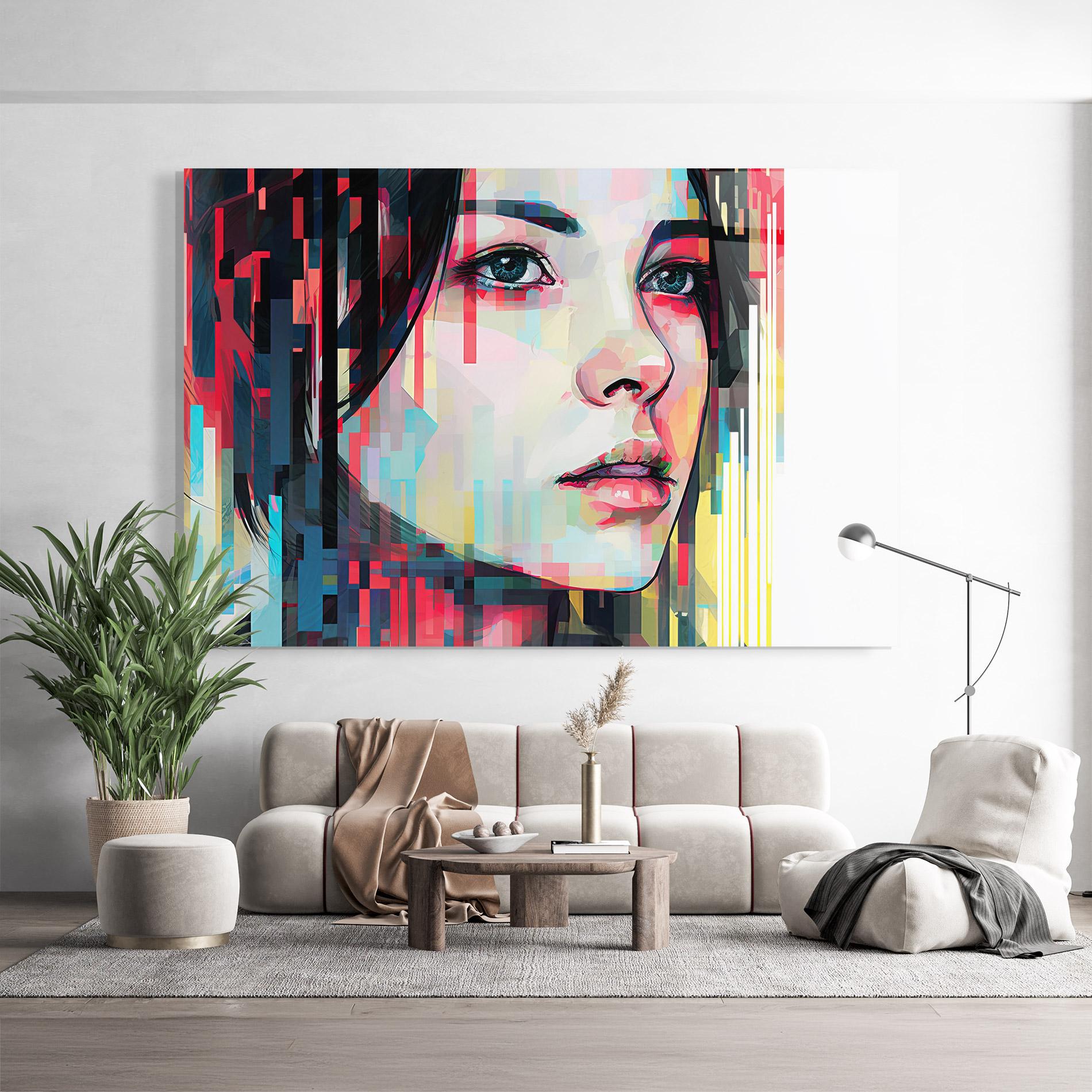 Tablou Sticla Colorful Glitchy Girl mockup 9