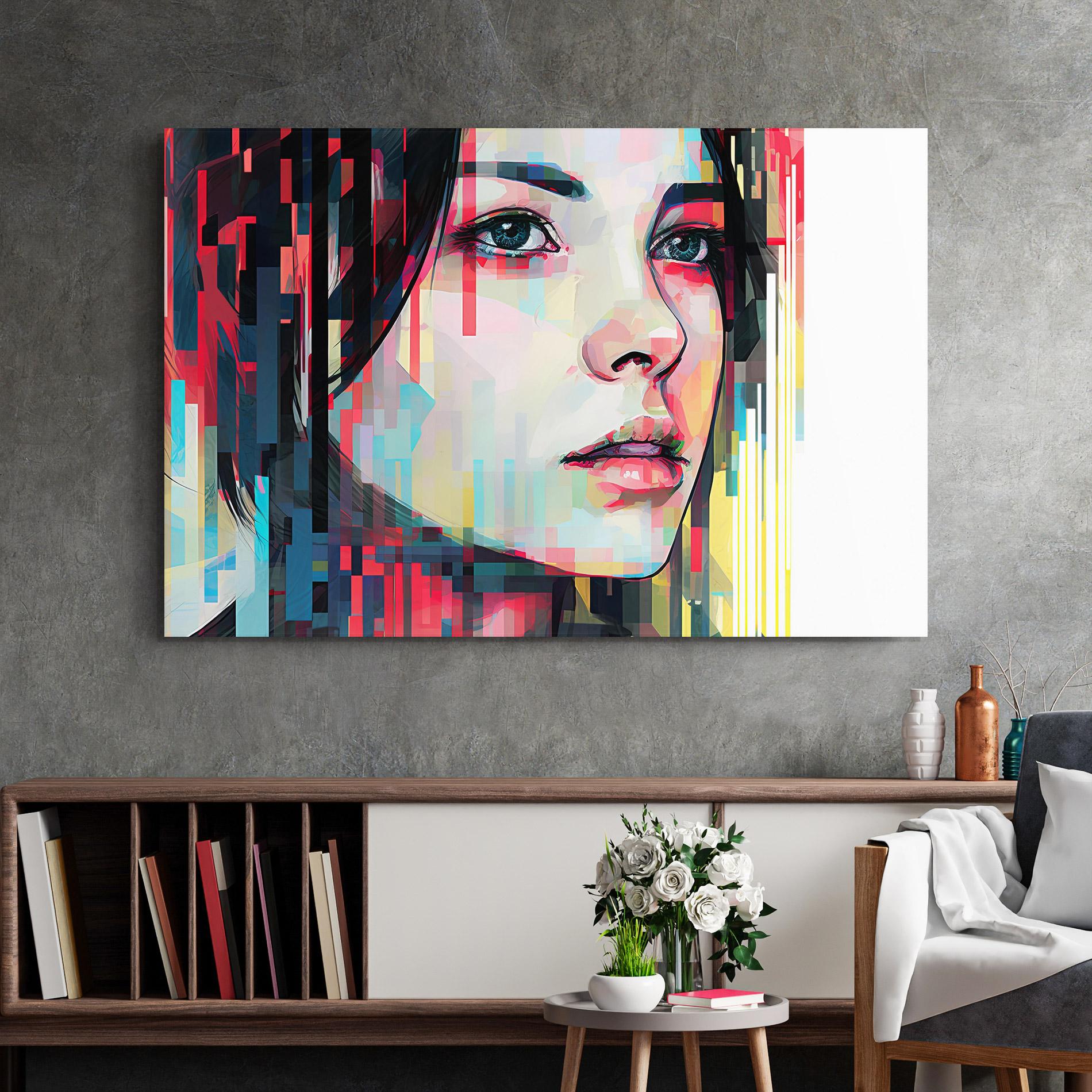 Tablou Sticla Colorful Glitchy Girl mockup 2
