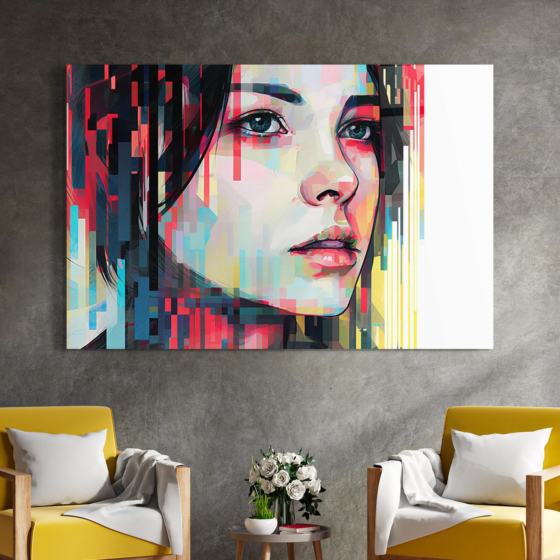 Tablou Sticla Colorful Glitchy Girl mockup 4
