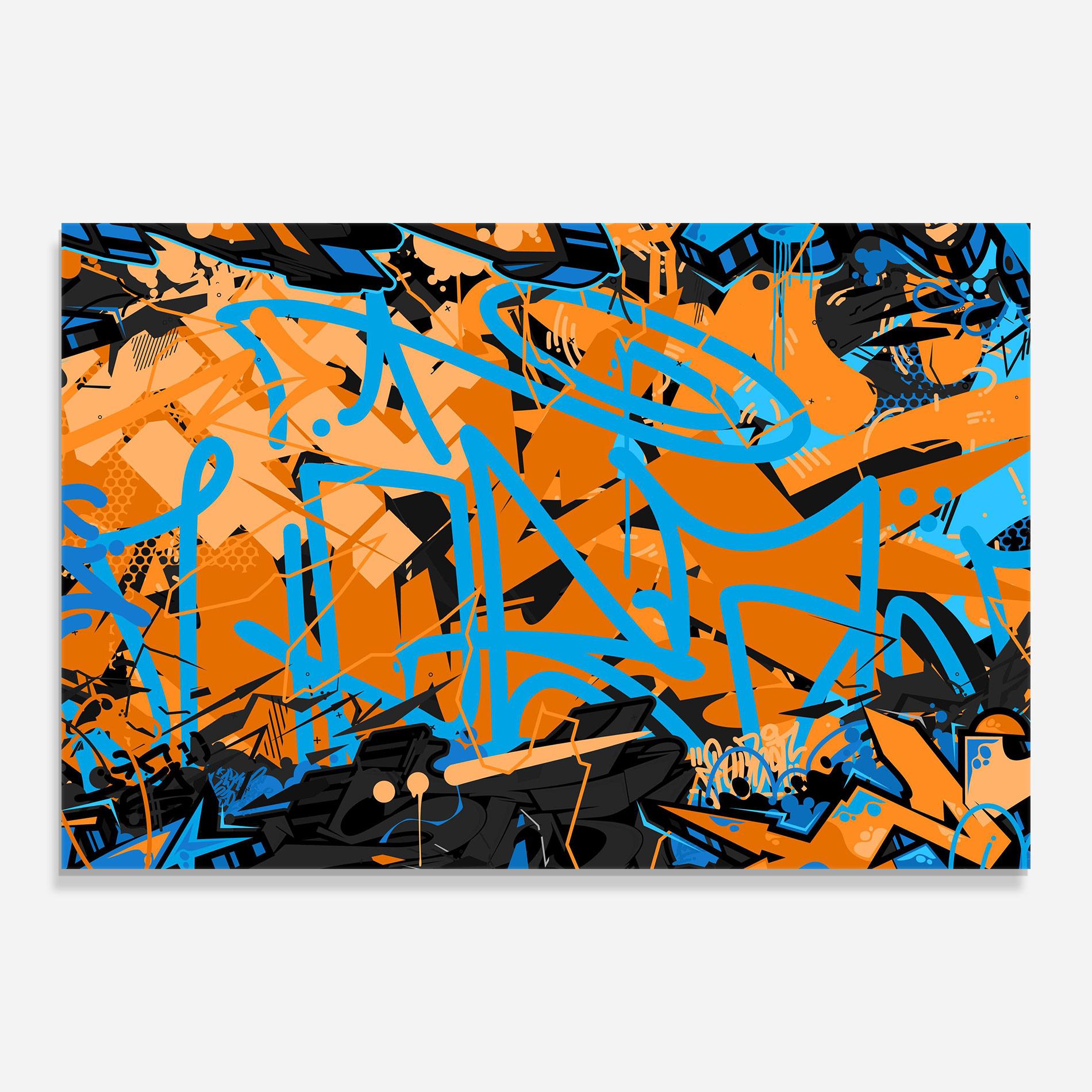 Tablou Sticla Blue Orange Graffiti mockup 0