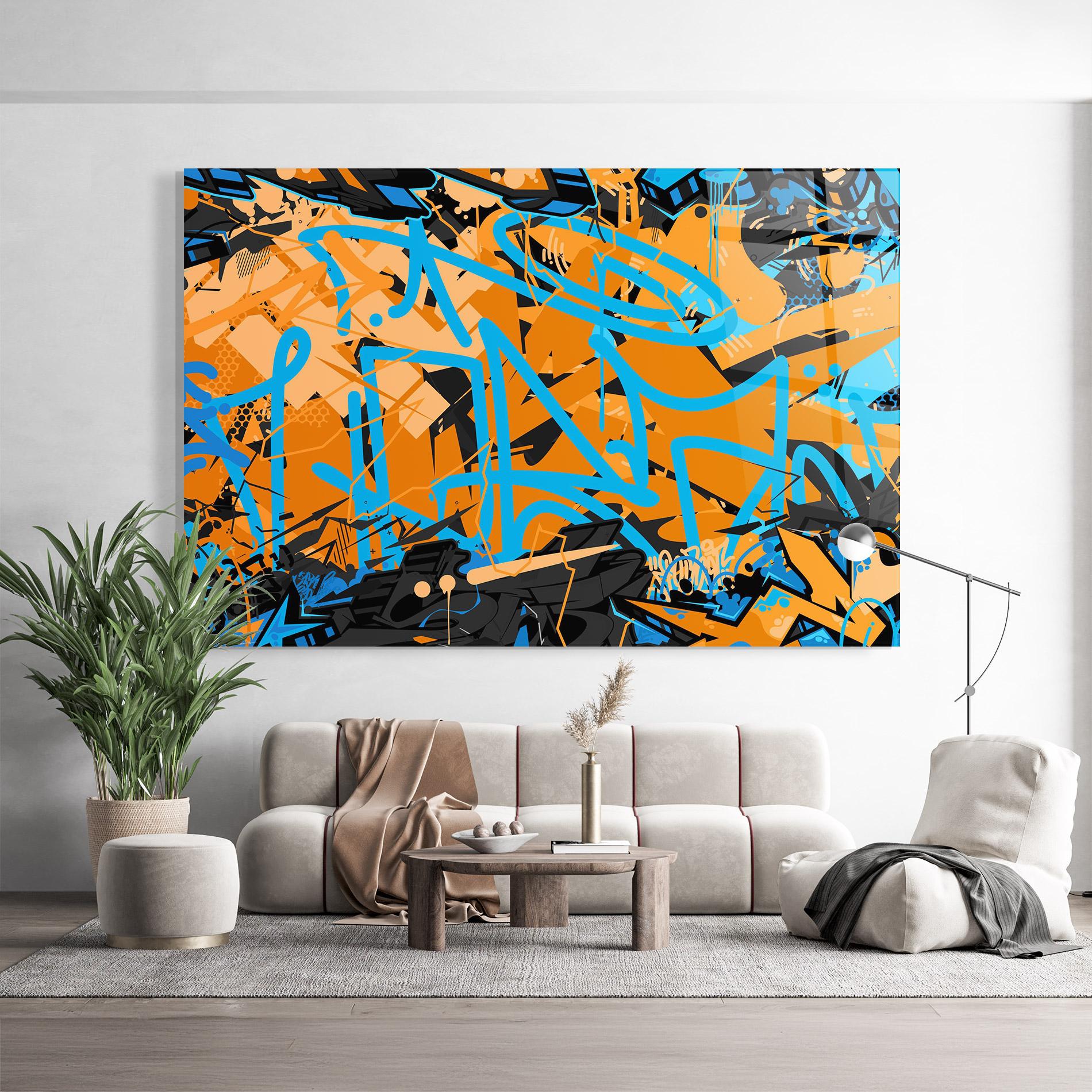 Tablou Sticla Blue Orange Graffiti mockup 9