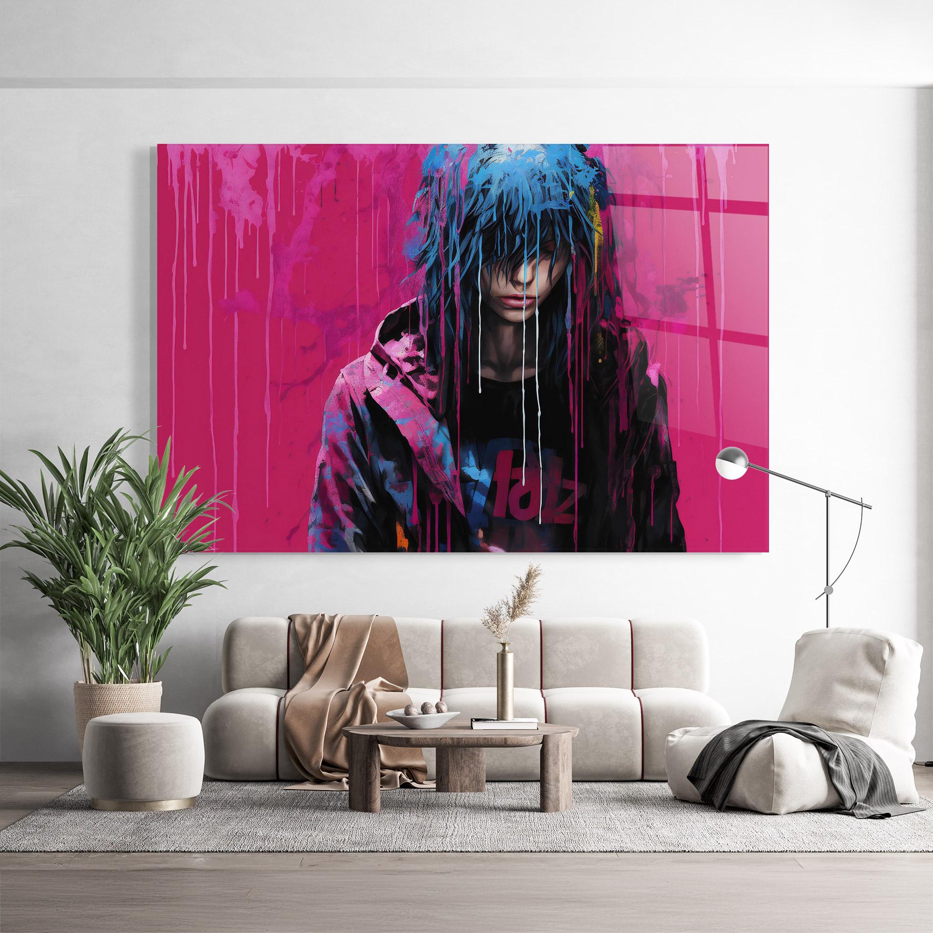 Tablou Sticla Blue Pink Falling Paint mockup 9