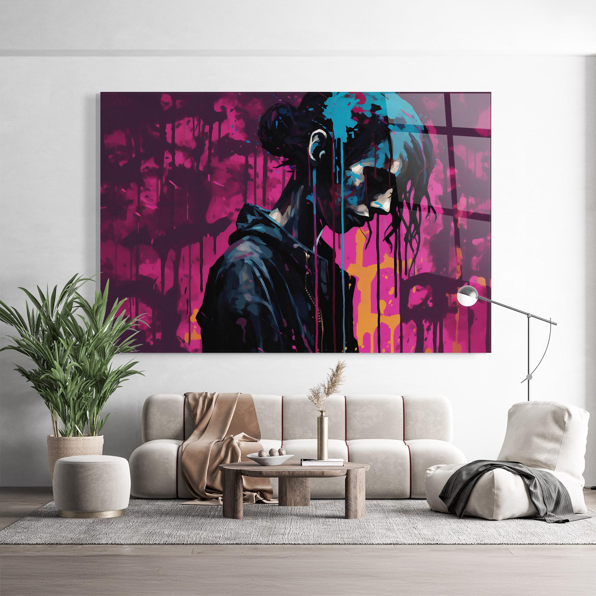 Tablou Sticla Blue Pink Paint Falling mockup 9