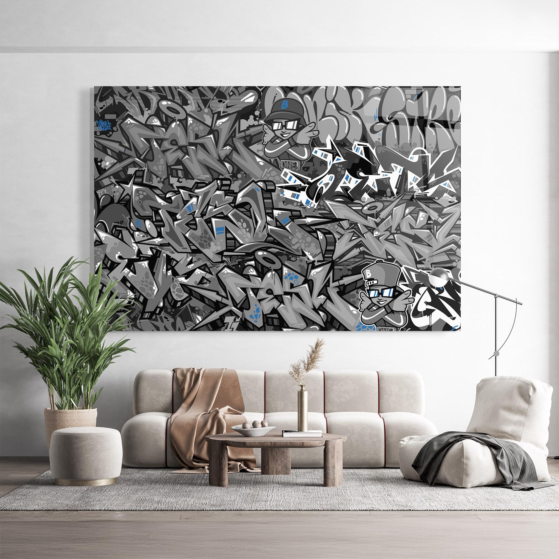 Tablou Sticla Grey Blue Graffiti mockup 9