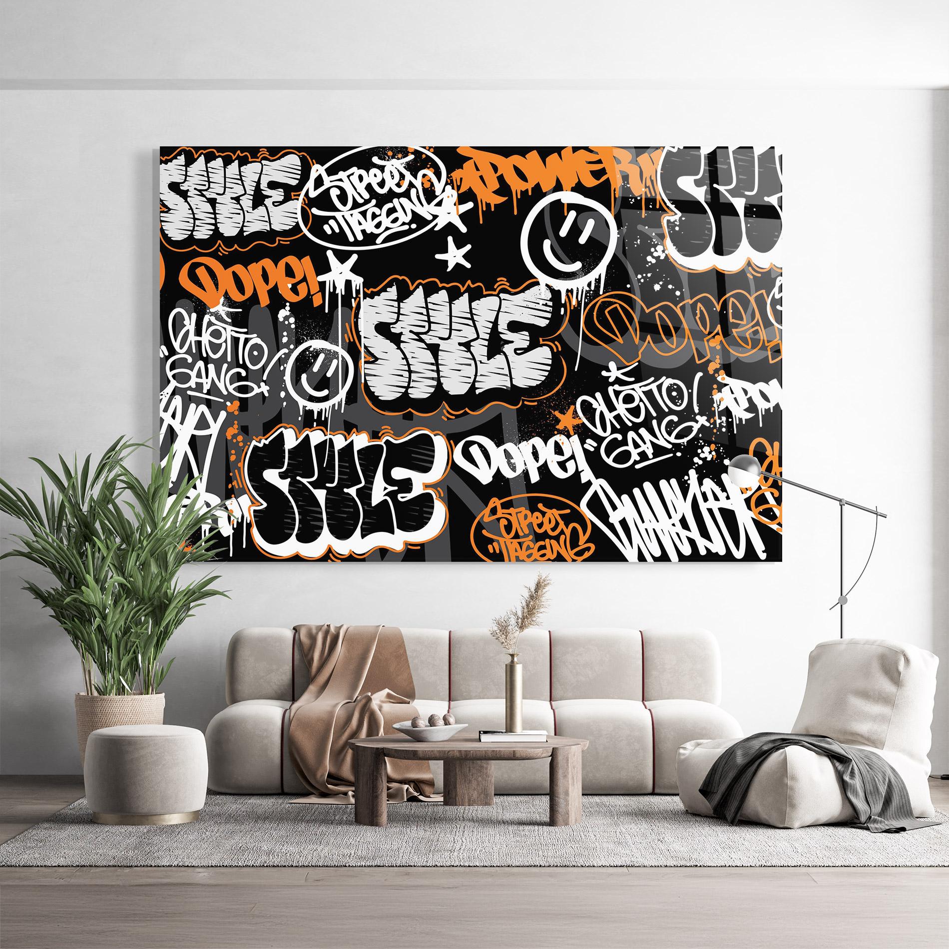 Tablou Sticla Orange Black Graffiti mockup 9