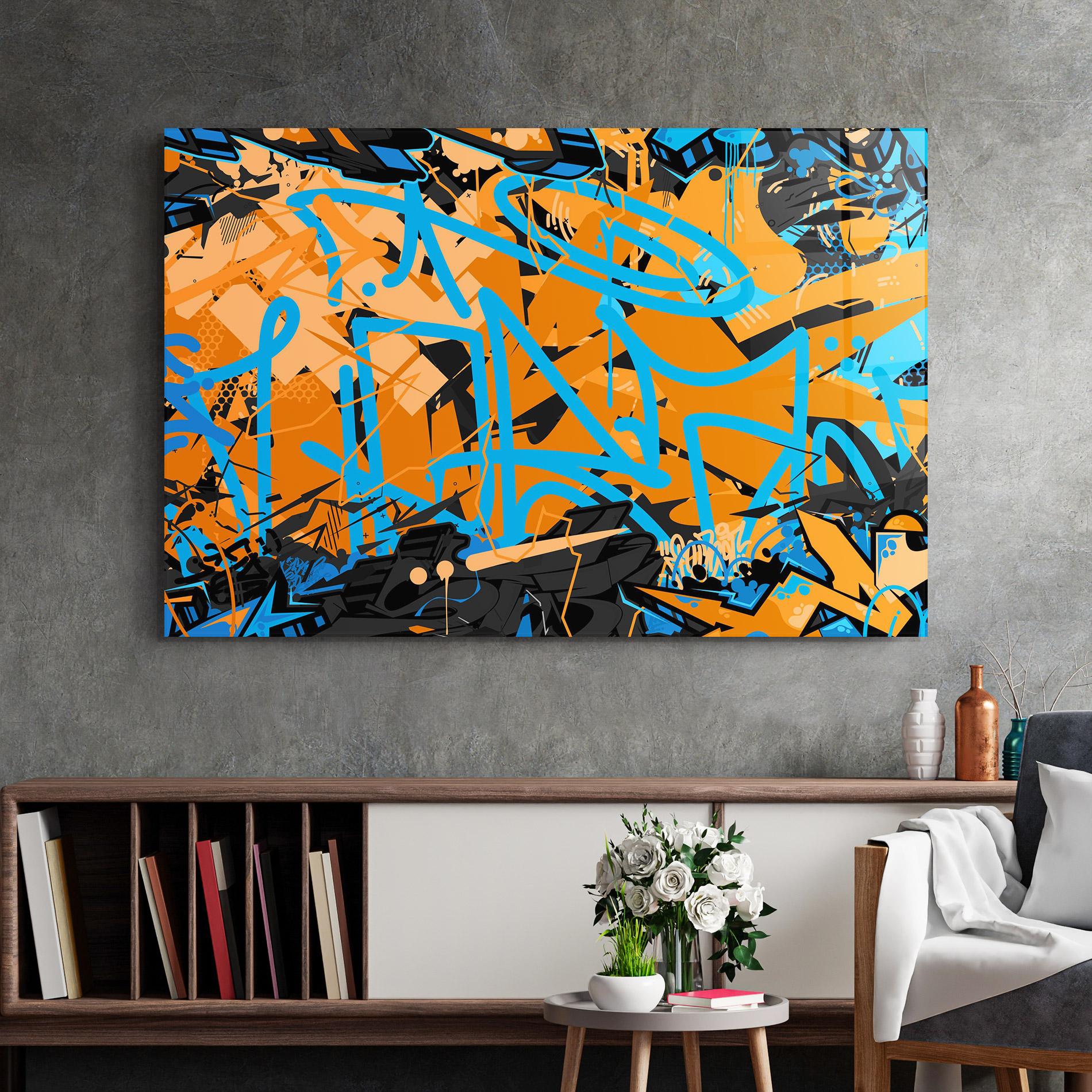 Tablou Sticla Blue Orange Graffiti mockup 2