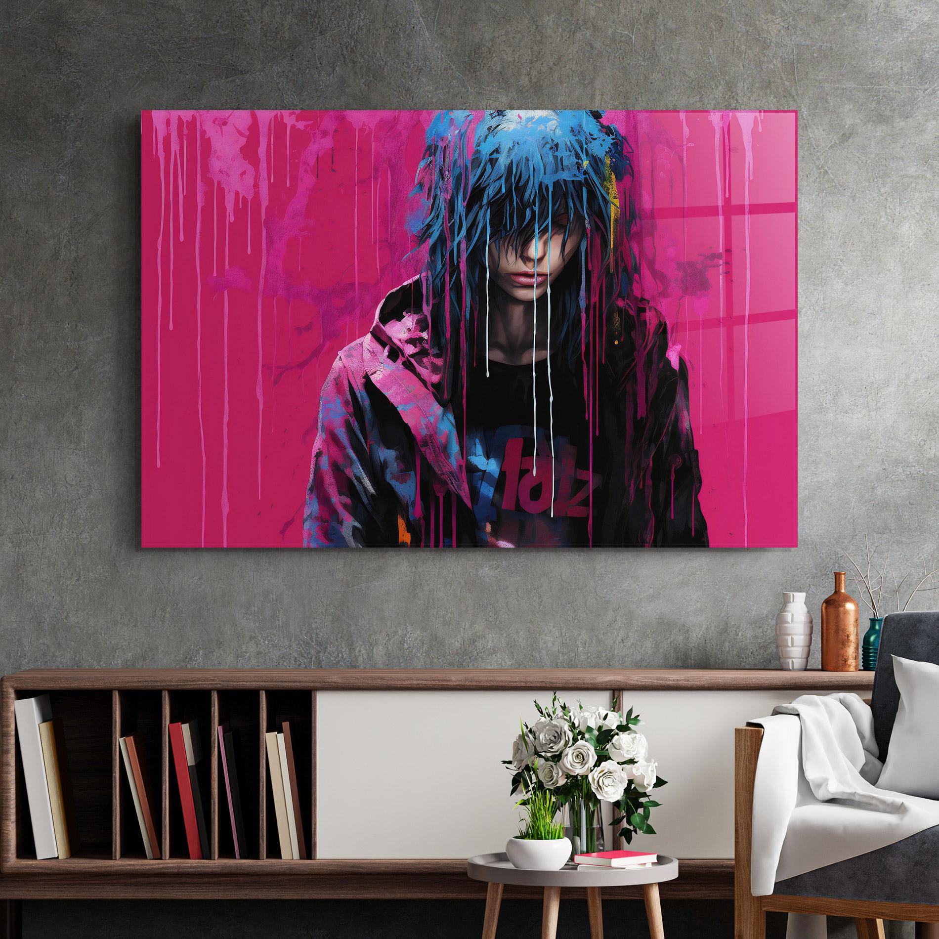 Tablou Sticla Blue Pink Falling Paint mockup 2