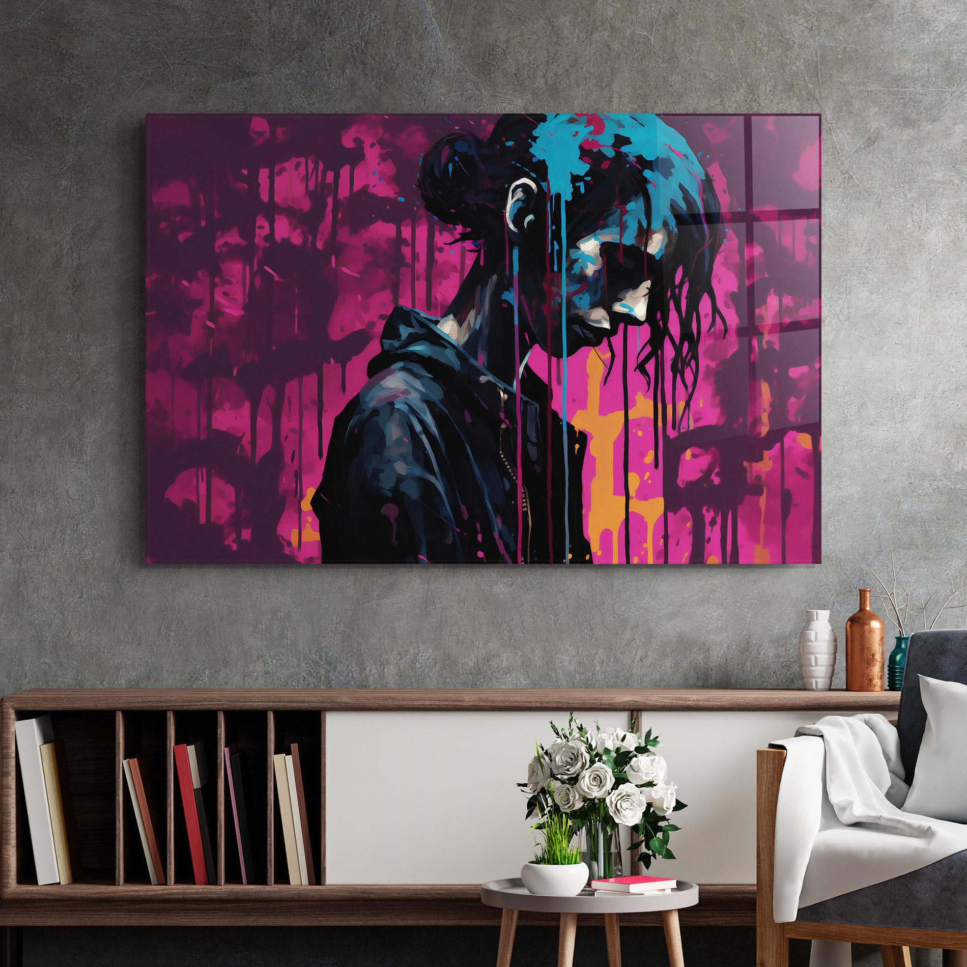 Tablou Sticla Blue Pink Paint Falling mockup 2