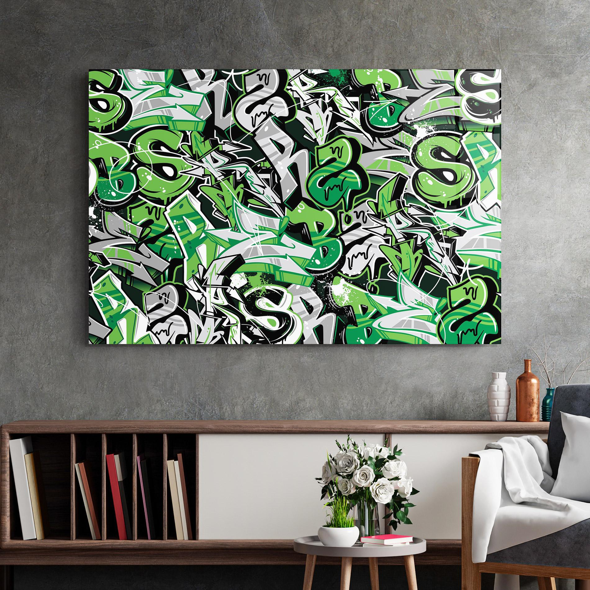 Tablou Sticla Green Graffiti Letters mockup 2