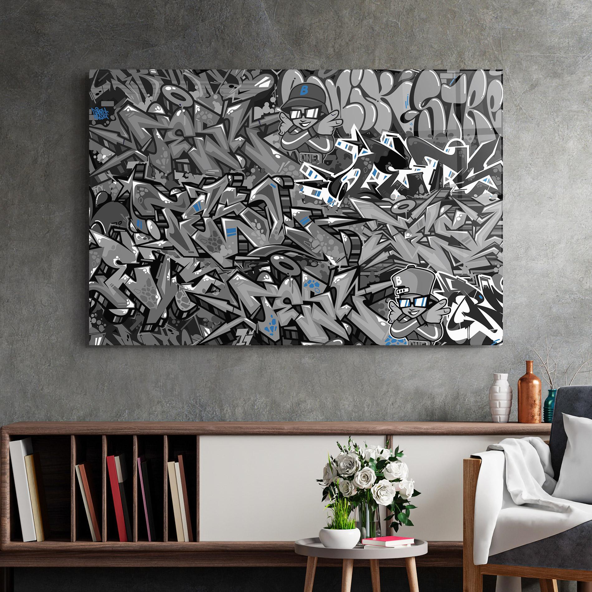 Tablou Sticla Grey Blue Graffiti mockup 2