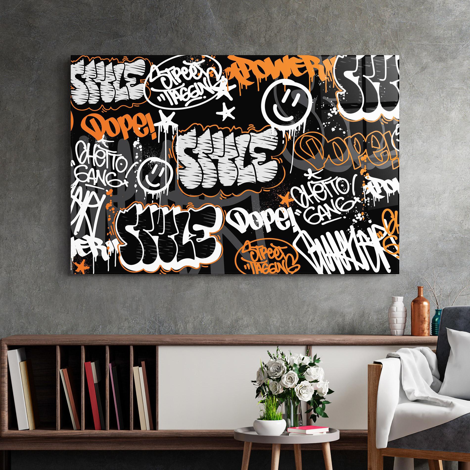 Tablou Sticla Orange Black Graffiti mockup 2