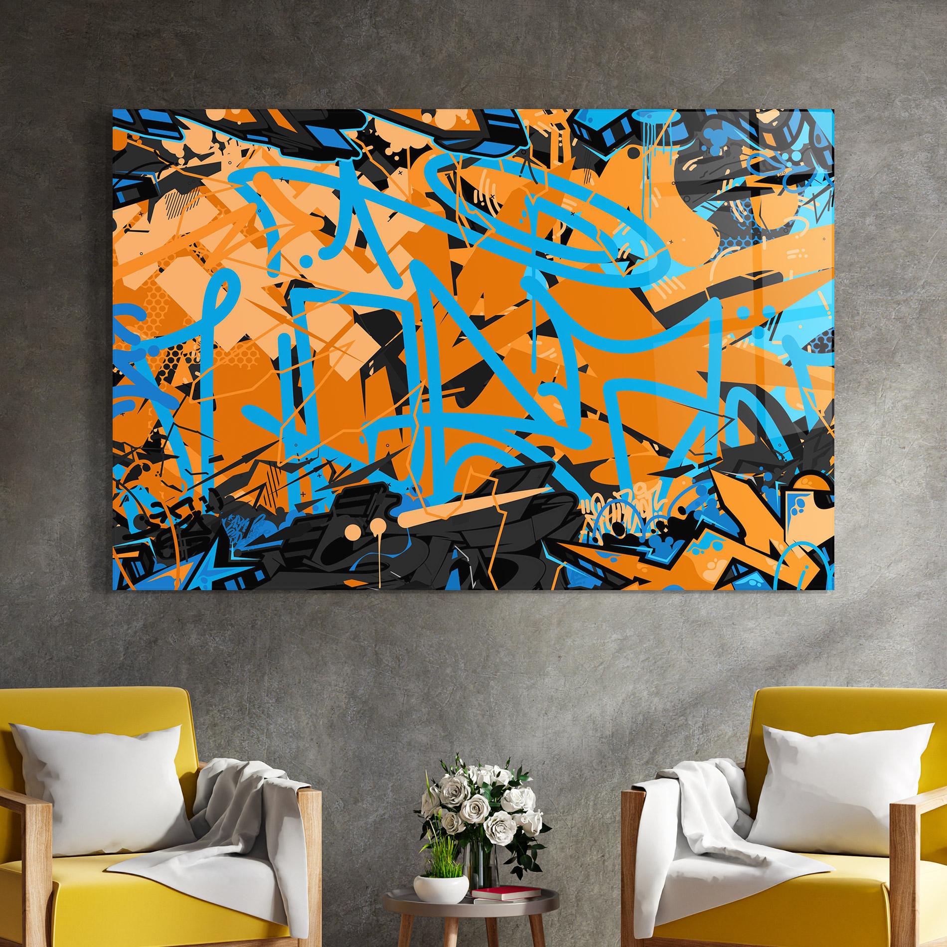 Tablou Sticla Blue Orange Graffiti mockup 4