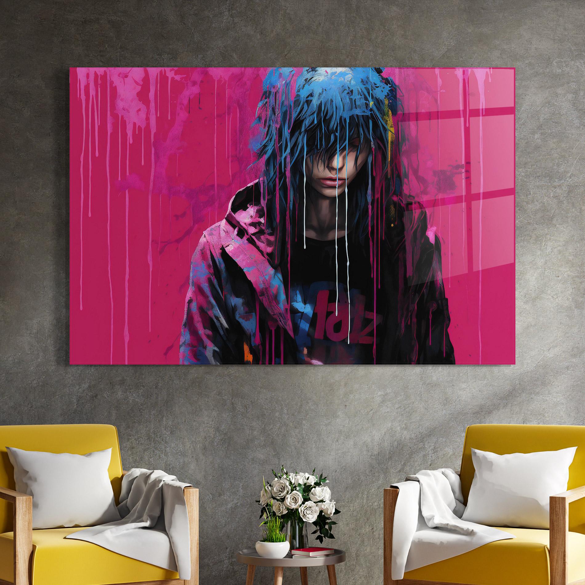 Tablou Sticla Blue Pink Falling Paint mockup 4