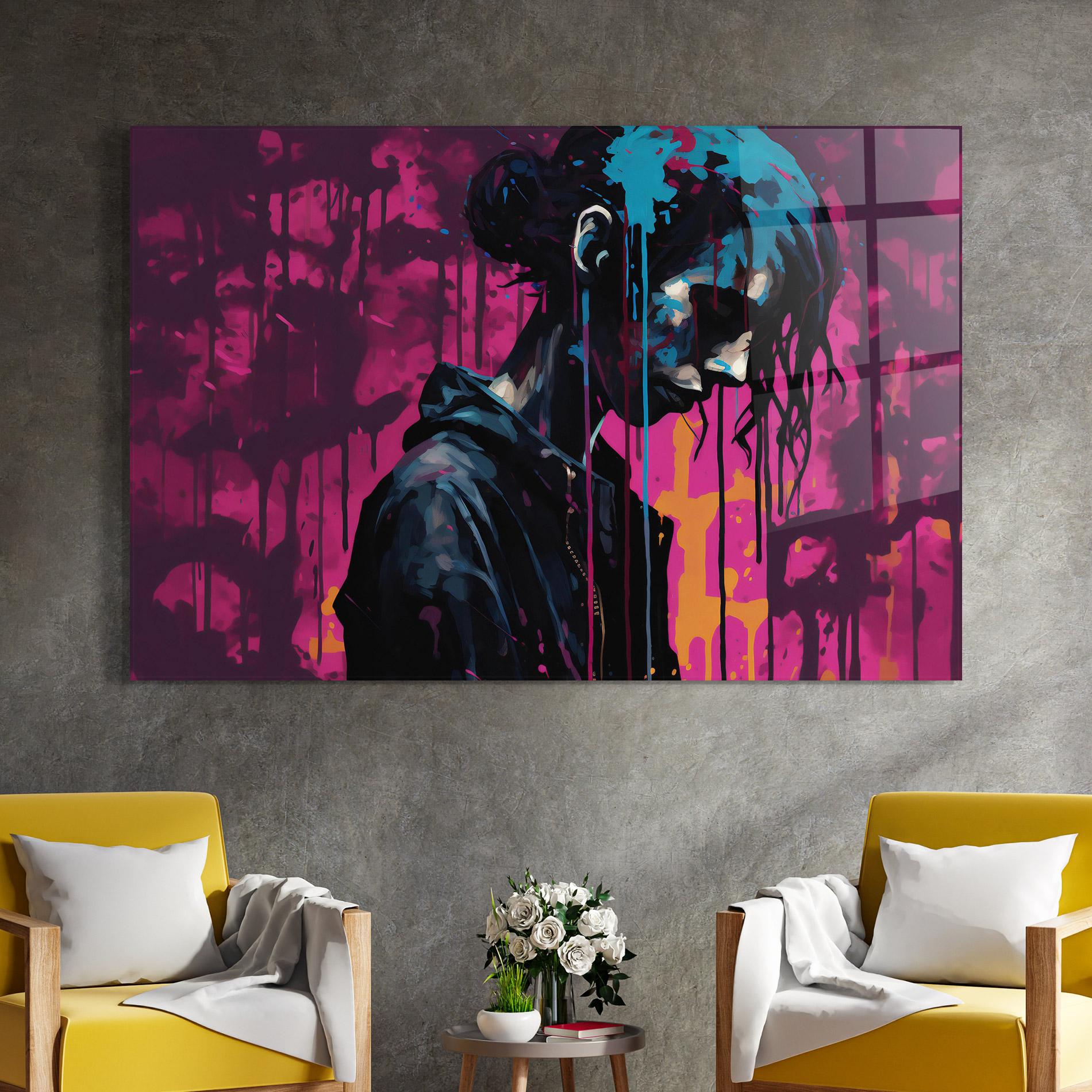 Tablou Sticla Blue Pink Paint Falling mockup 4