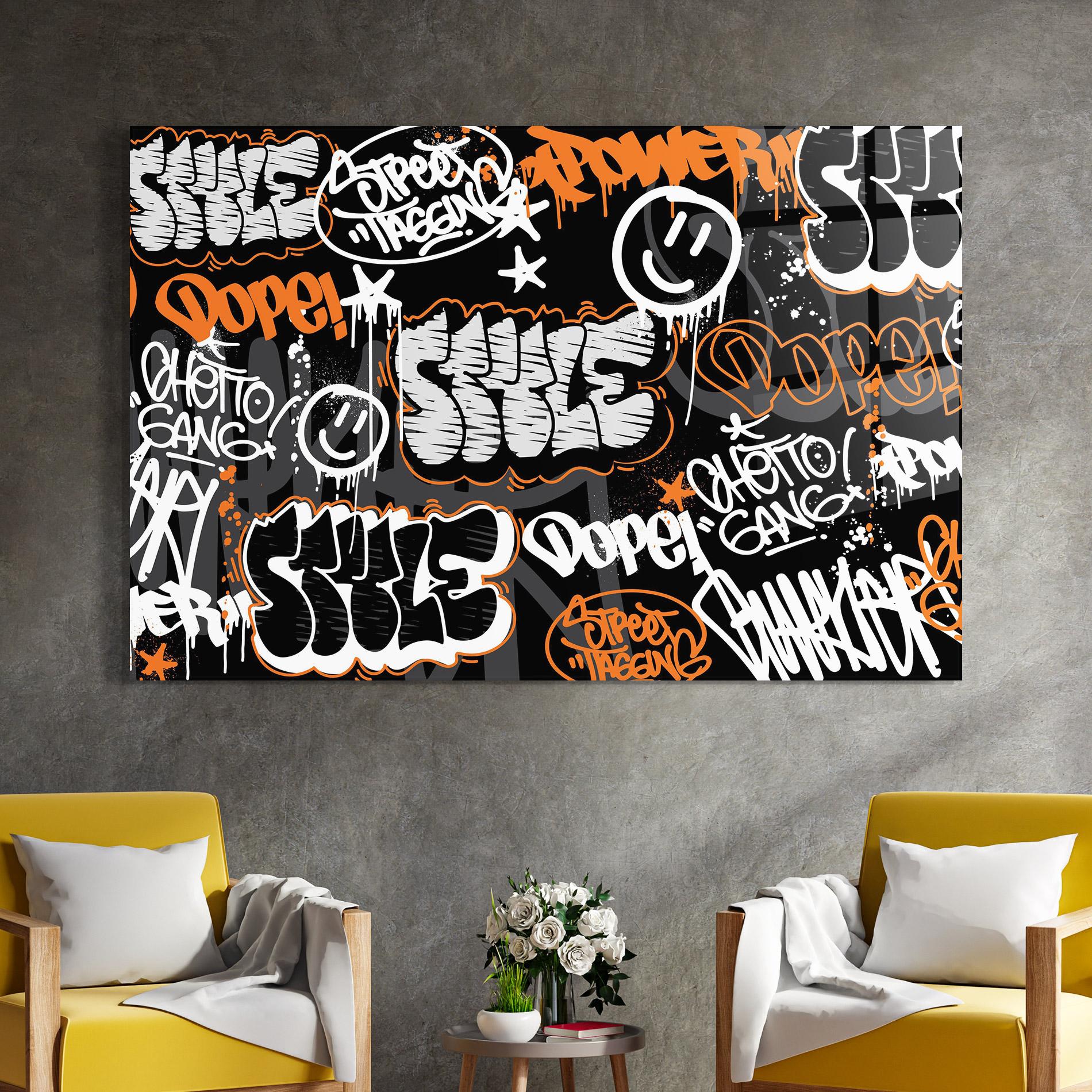 Tablou Sticla Orange Black Graffiti mockup 4