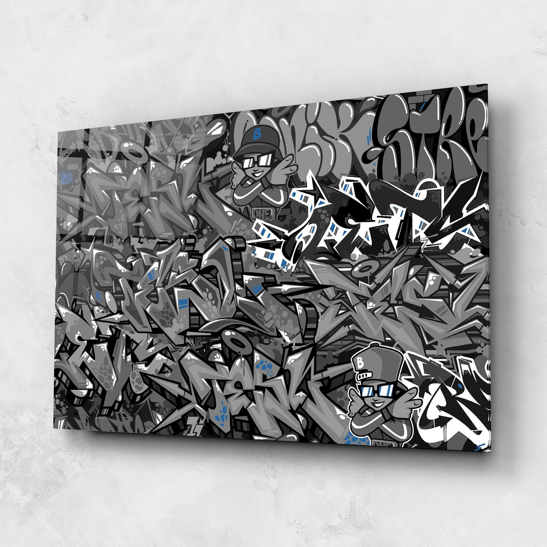 Tablou Sticla Grey Blue Graffiti mockup 1