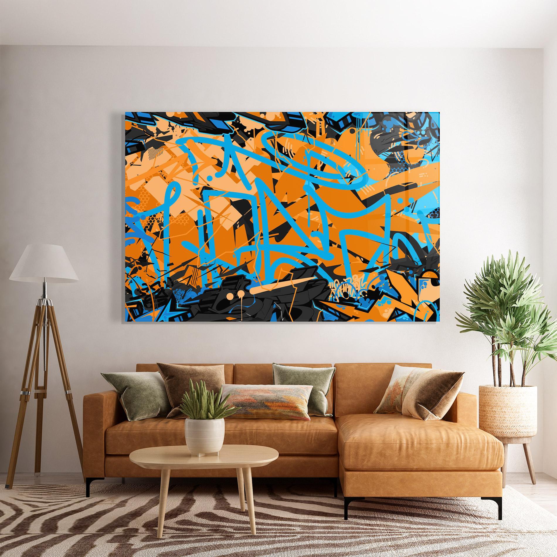 Tablou Sticla Blue Orange Graffiti mockup 7