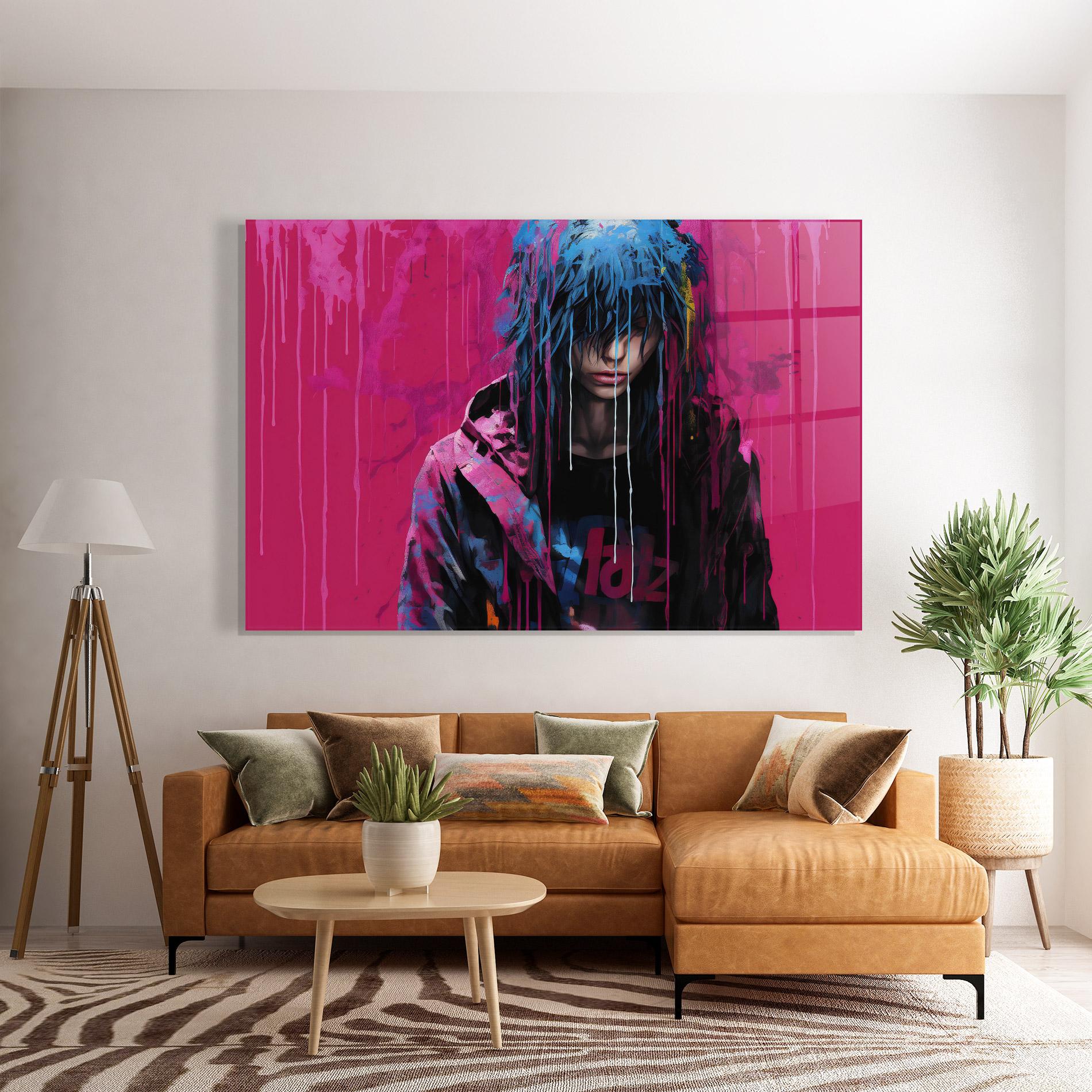 Tablou Sticla Blue Pink Falling Paint mockup 7