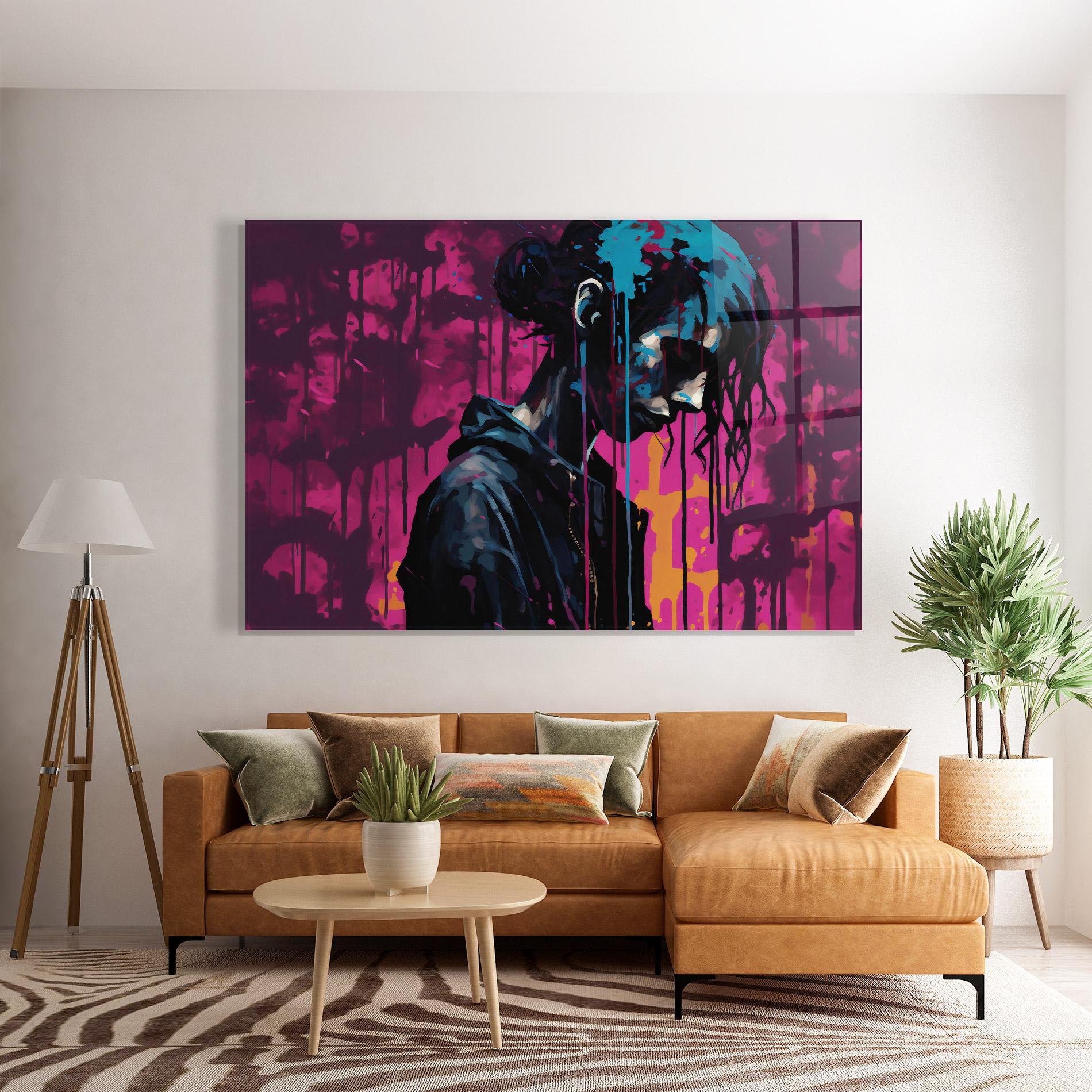 Tablou Sticla Blue Pink Paint Falling mockup 7