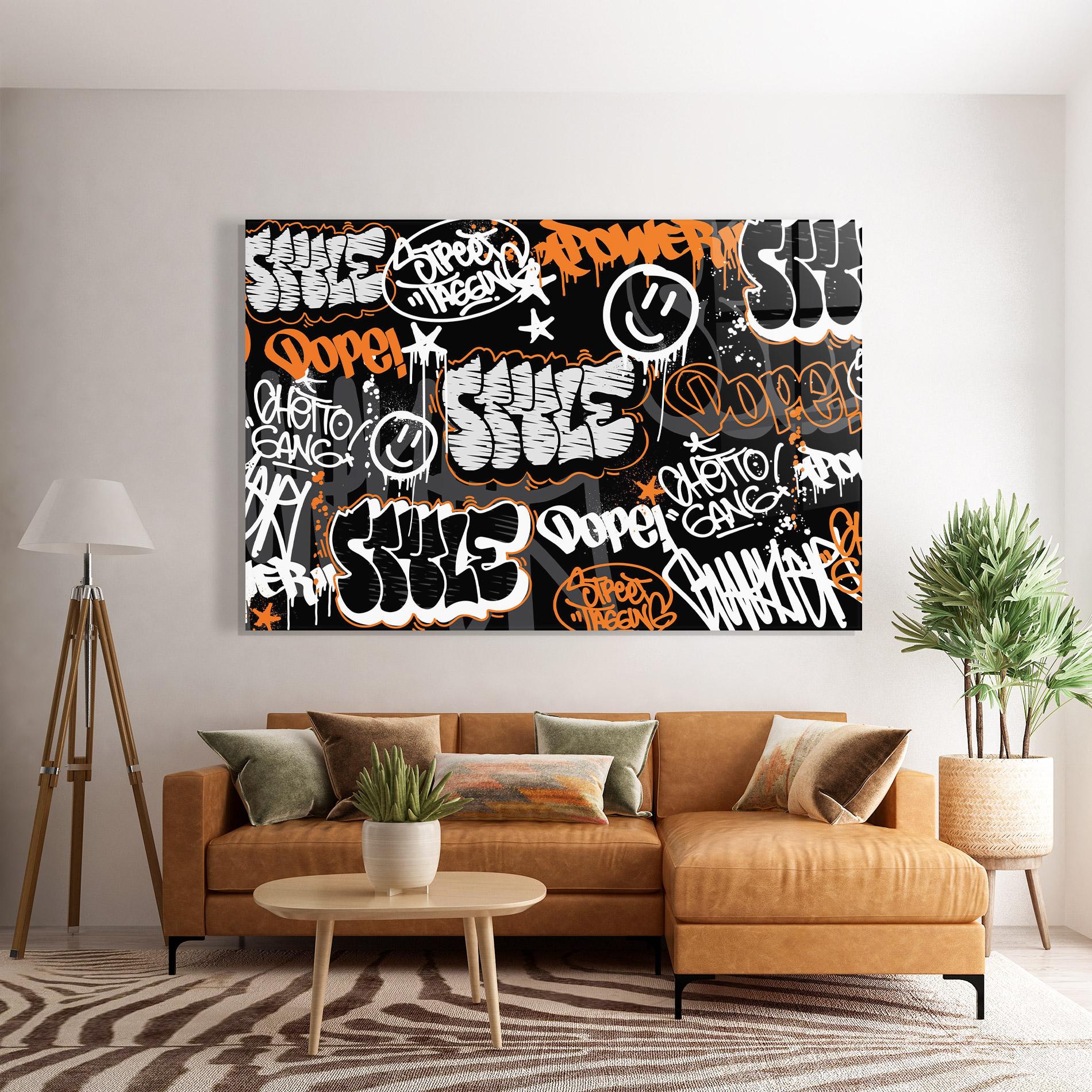 Tablou Sticla Orange Black Graffiti mockup 7