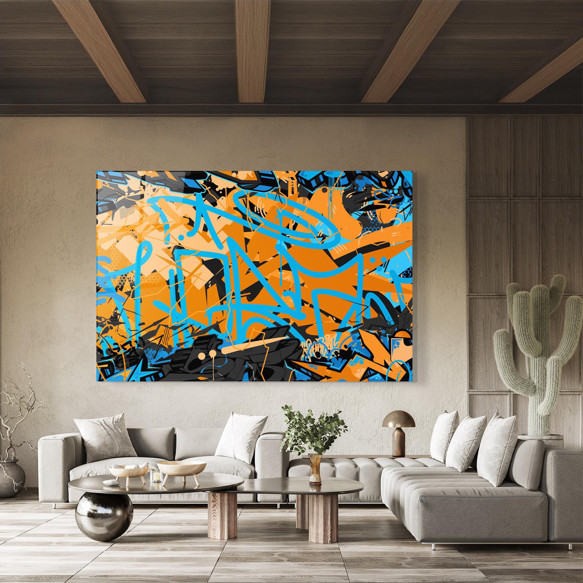 Tablou Sticla Blue Orange Graffiti mockup 8