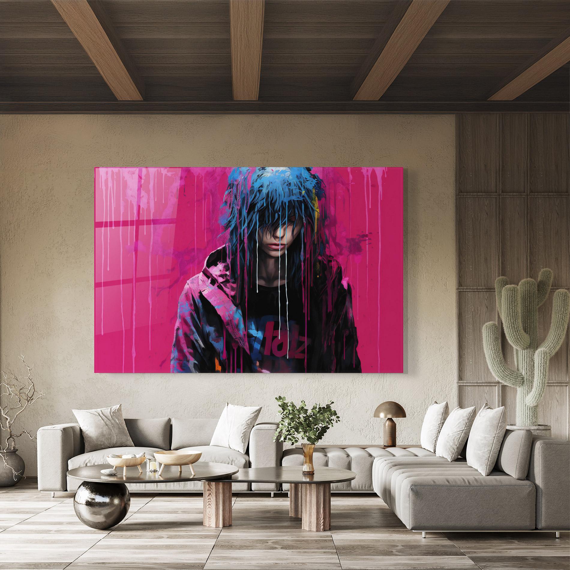 Tablou Sticla Blue Pink Falling Paint mockup 8