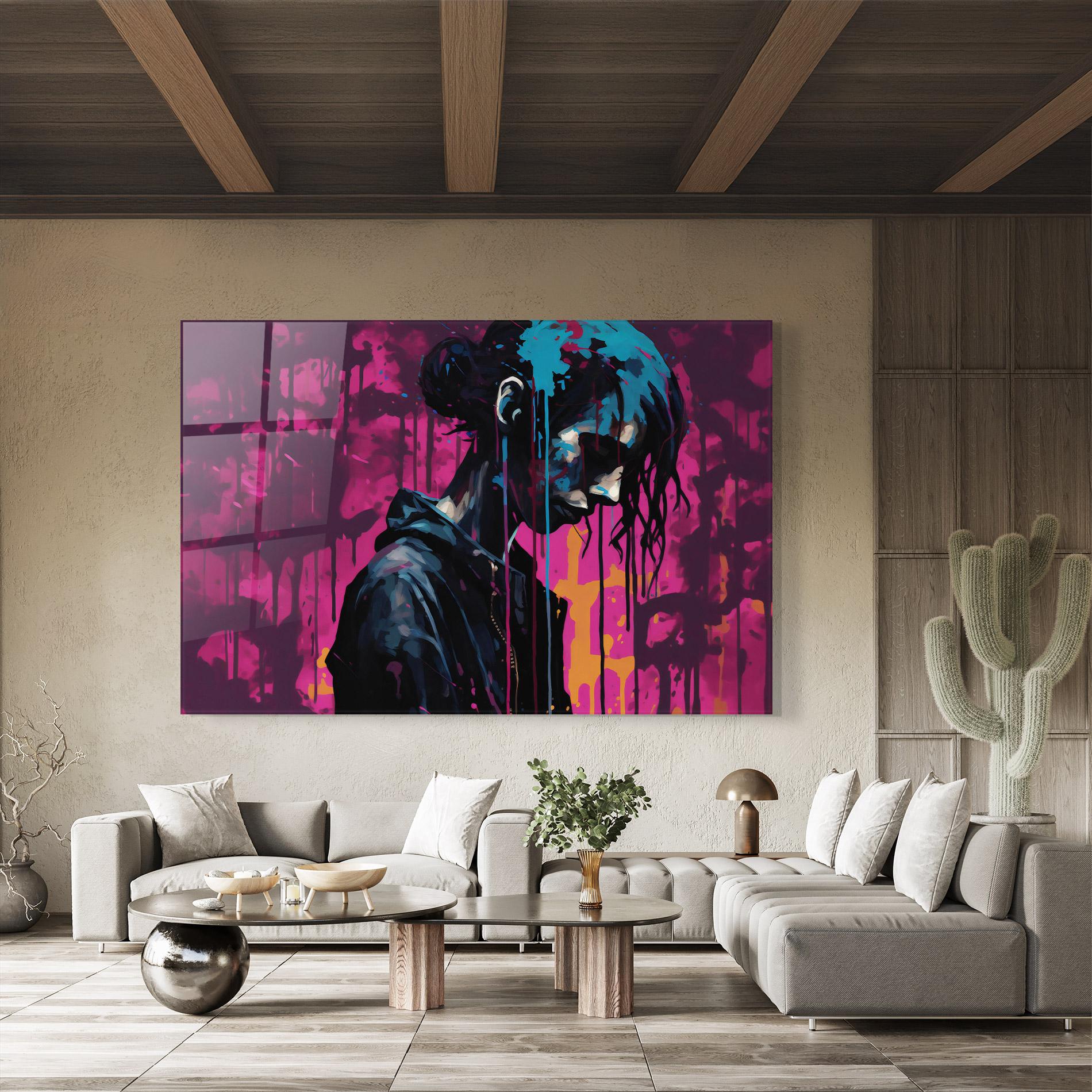 Tablou Sticla Blue Pink Paint Falling mockup 8