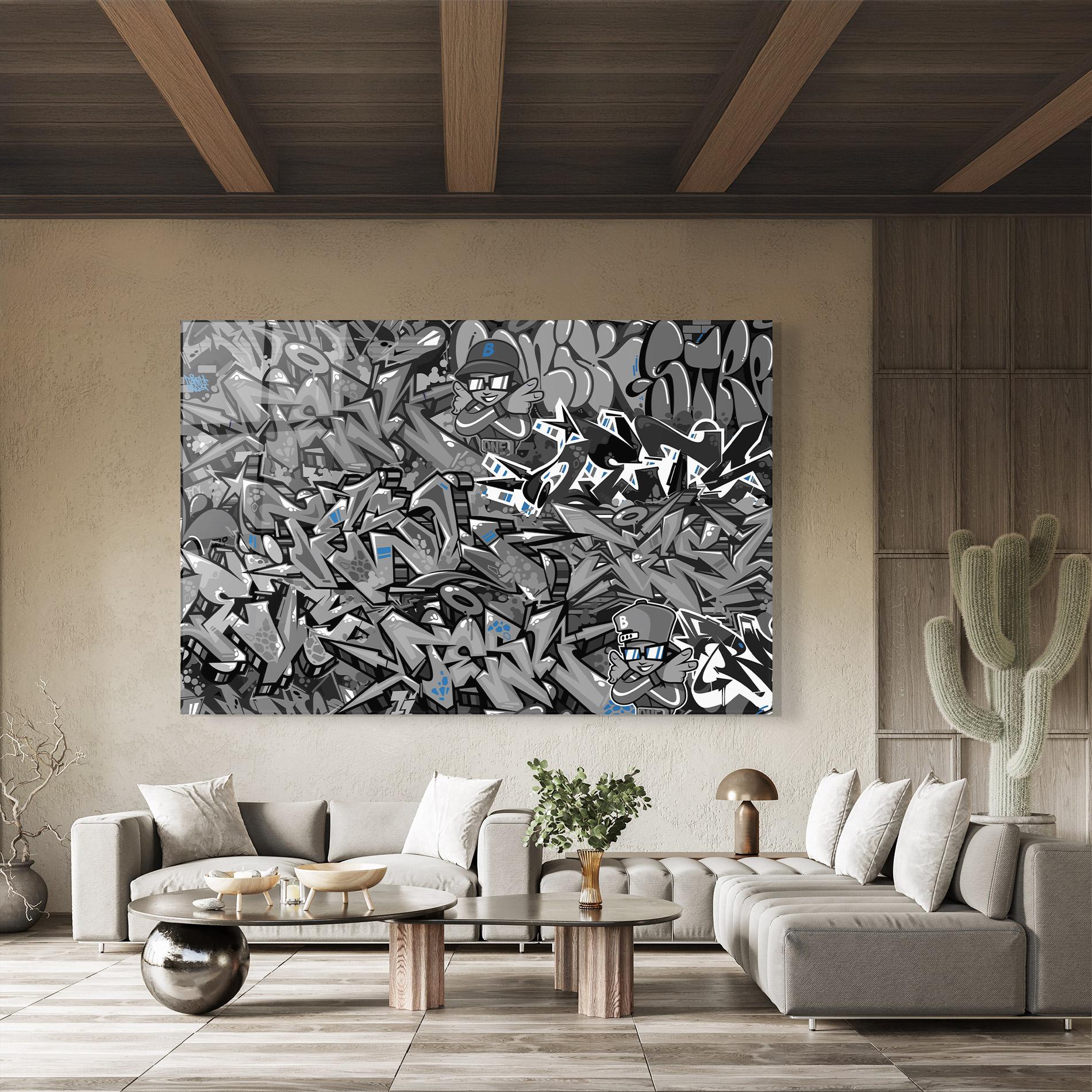 Tablou Sticla Grey Blue Graffiti mockup 8