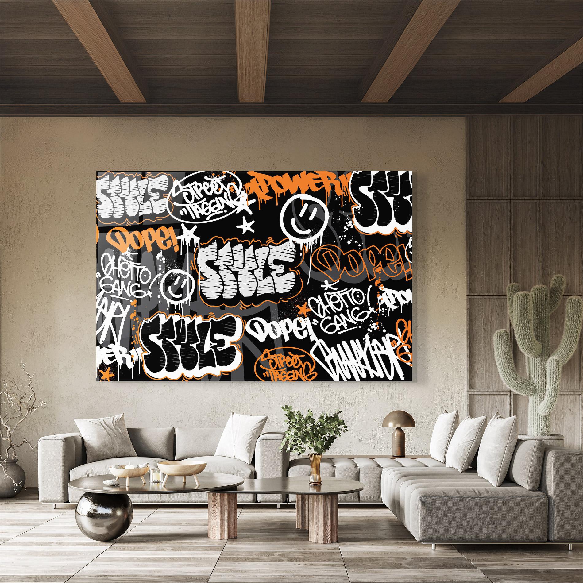 Tablou Sticla Orange Black Graffiti mockup 8