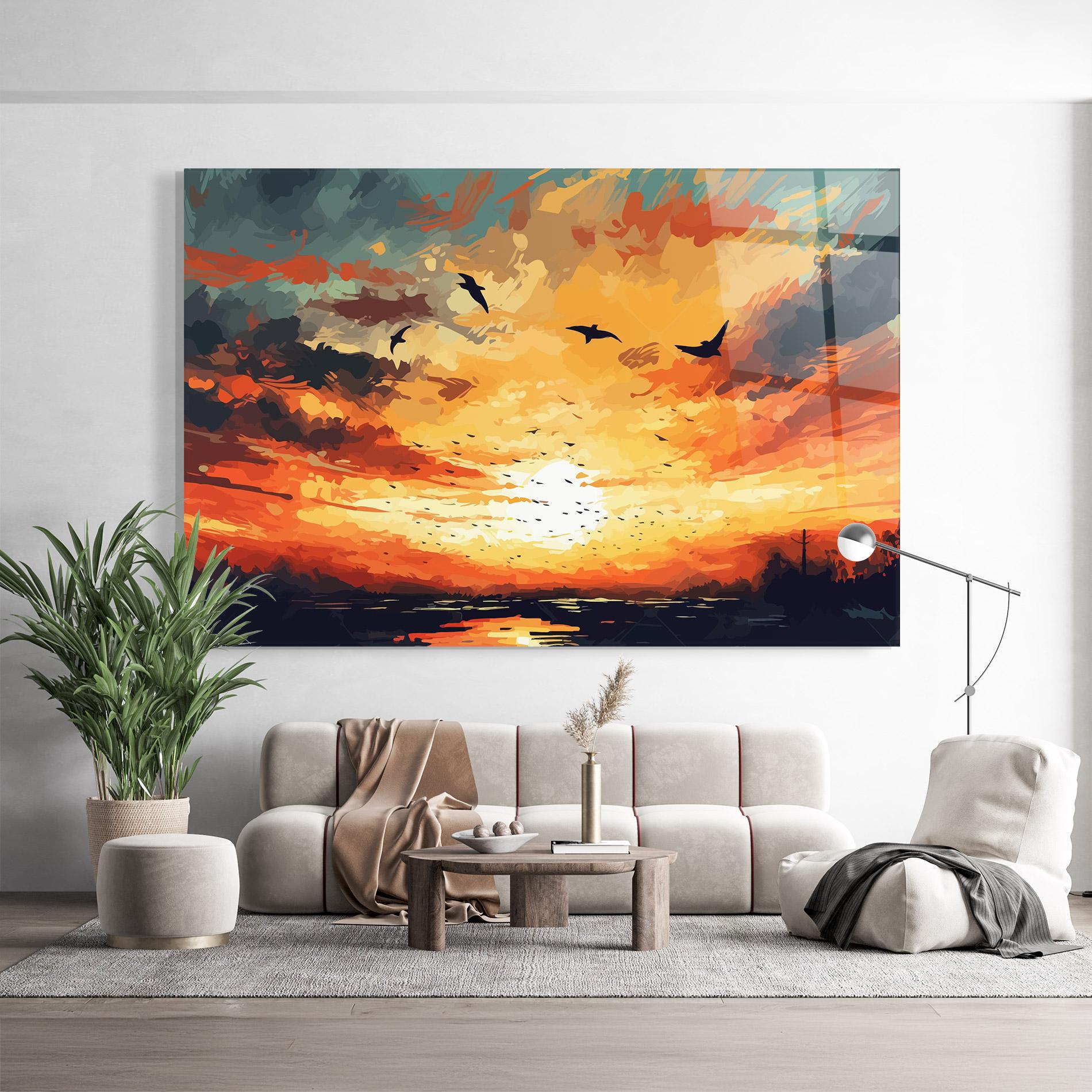 Tablou Sticla Blue Sunset Birds mockup 9