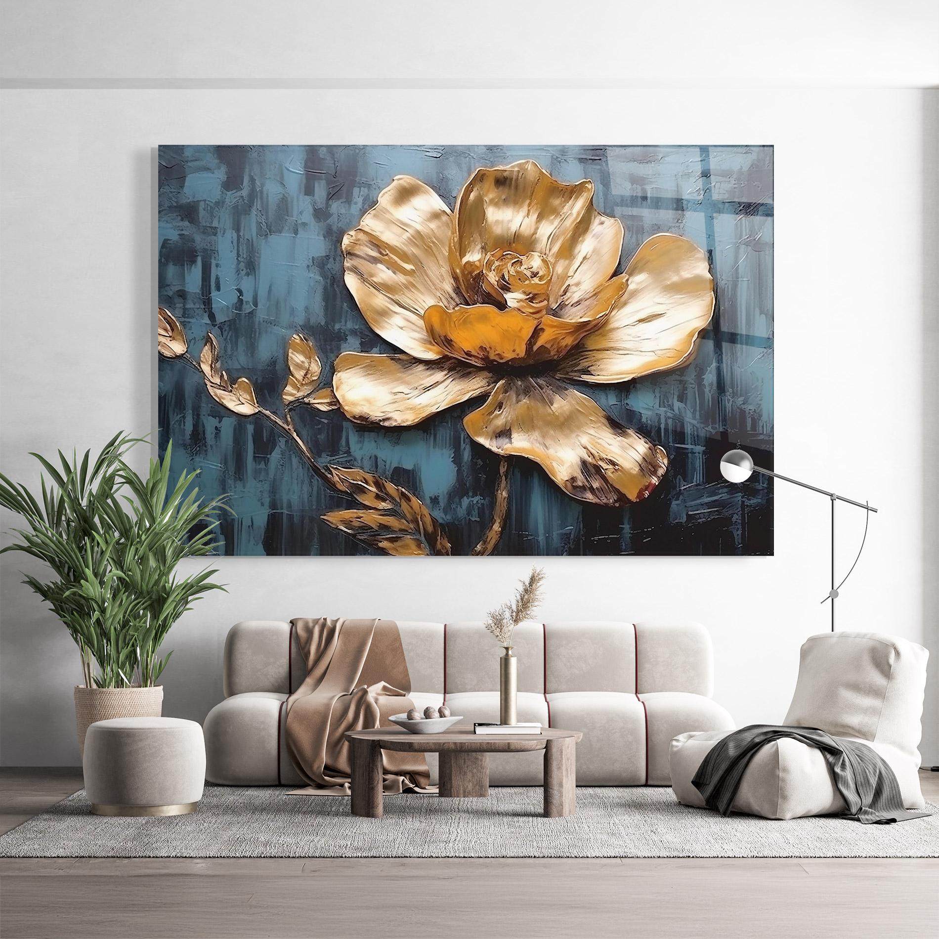 Tablou Sticla Golden Rose On Blue mockup 9