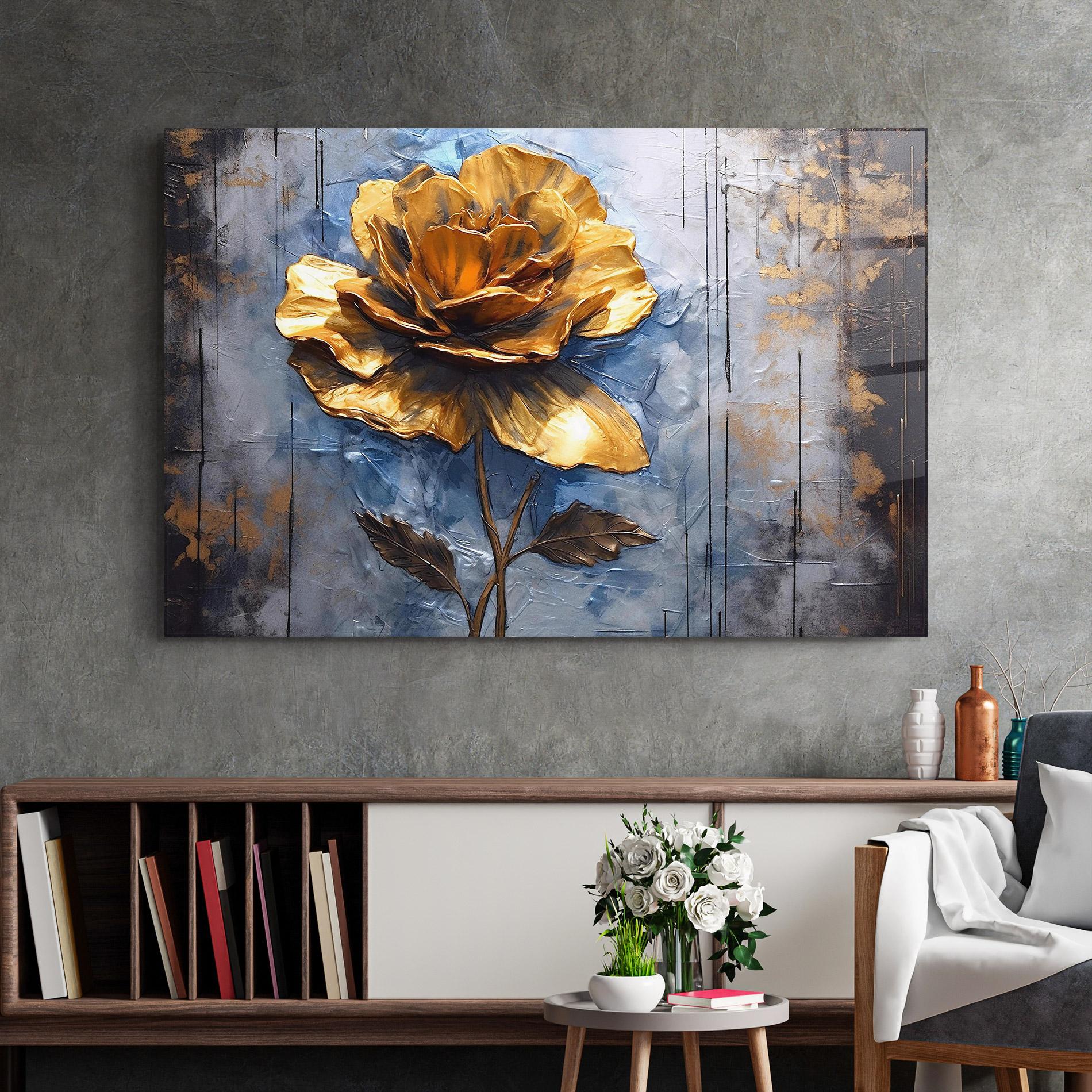 Tablou Sticla Golden Rose Art On Blue mockup 2